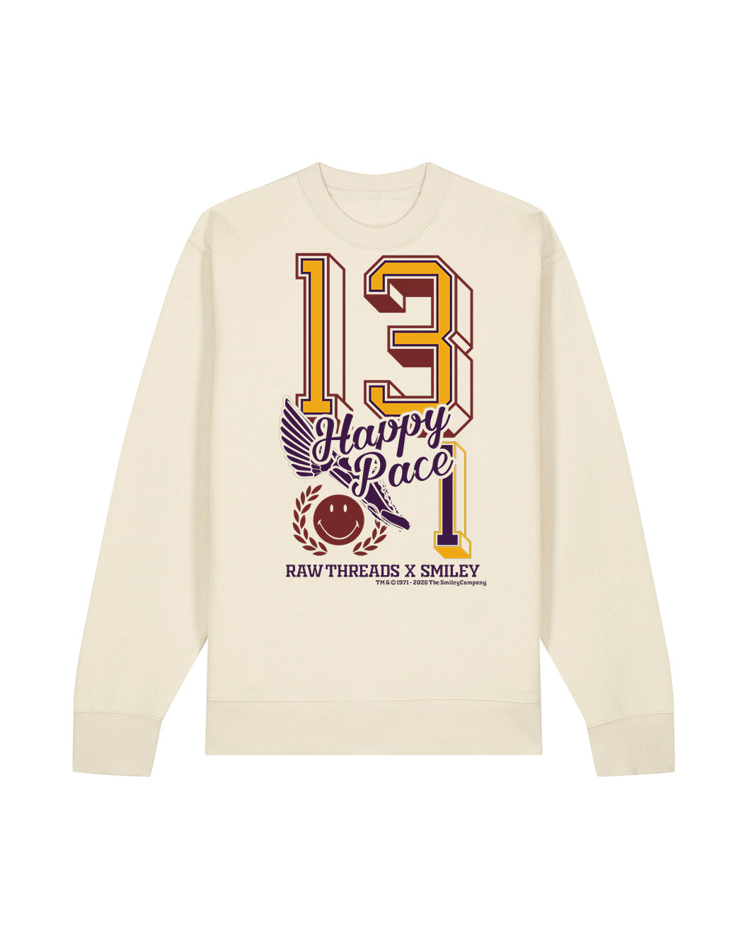 An natural color gender-neutral crewneck sweatshirt featuring a large graphic print on the front with the number 13.1, 'Happy Race' text, and 'RAW THREADS X SMILEY' printed in yellow, purple, and brown.