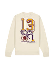 An natural color gender-neutral crewneck sweatshirt featuring a large graphic print on the front with the number 13.1, 'Happy Race' text, and 'RAW THREADS X SMILEY' printed in yellow, purple, and brown.