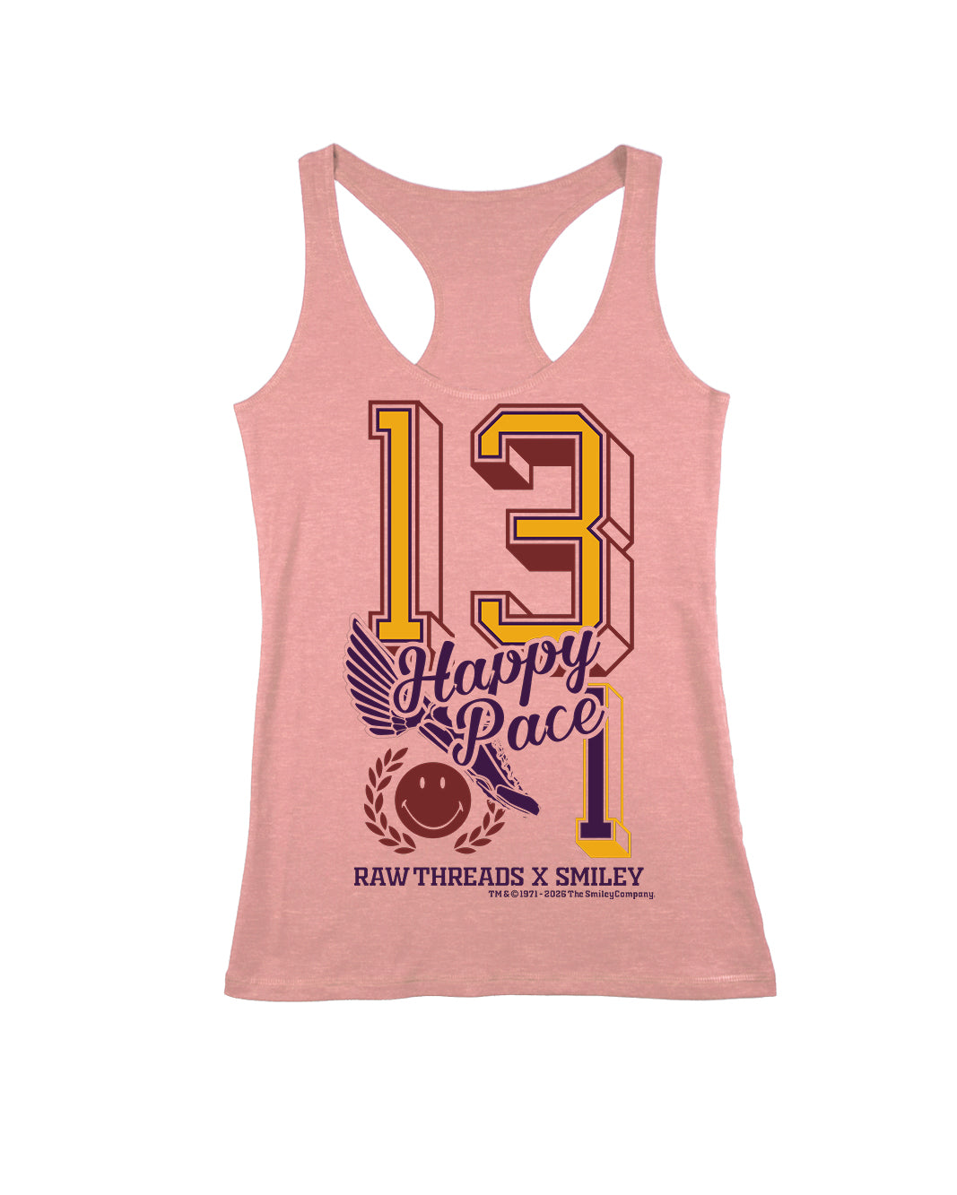 A vintage rose pink racerback tank top featuring a large graphic print on the front with the number 13.1, 'Happy Race' text, and 'RAW THREADS X SMILEY' printed in yellow, purple, and brown.