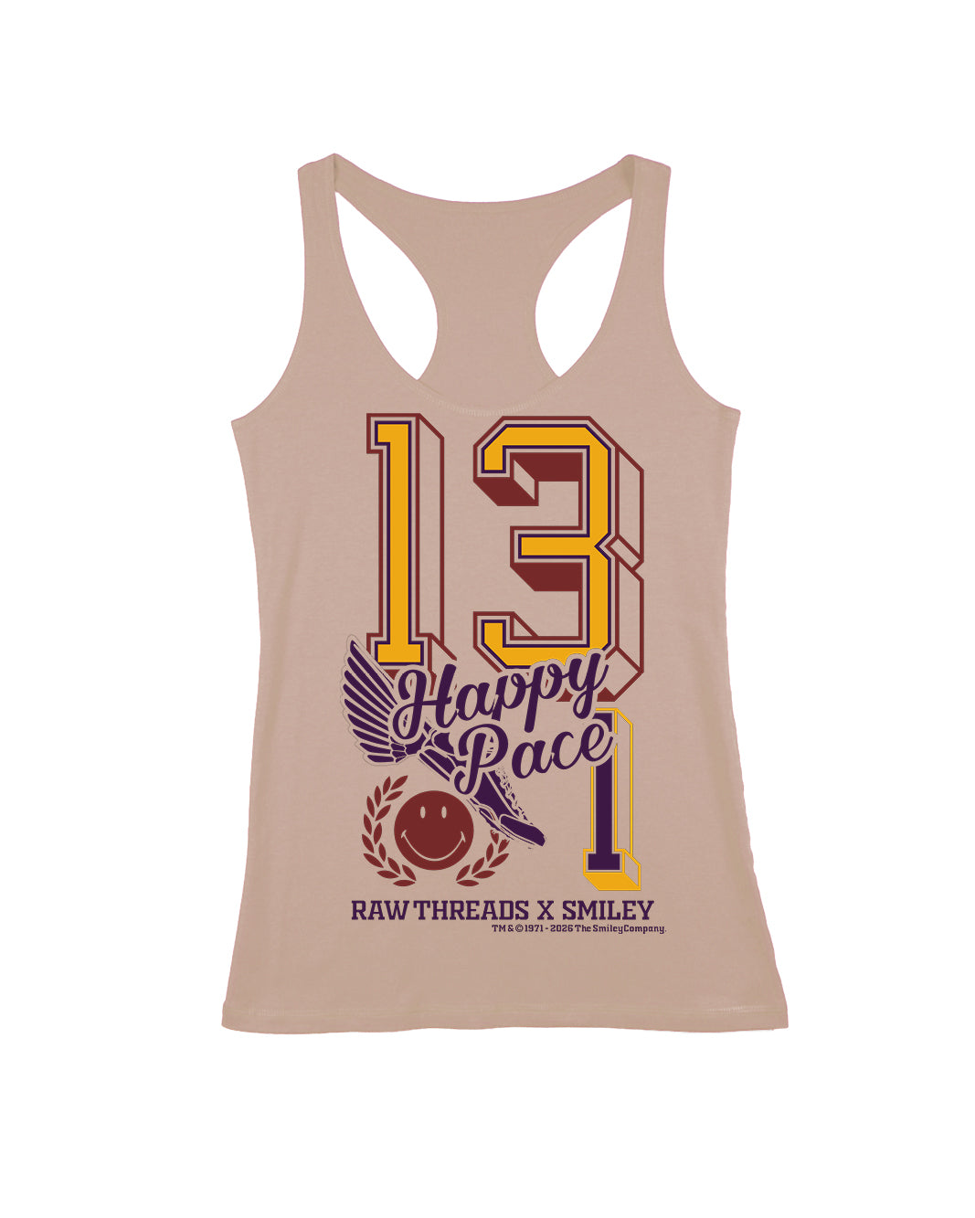 A sandy beige racerback tank top featuring a large graphic print on the front with the number 13.1, 'Happy Race' text, and 'RAW THREADS X SMILEY' printed in yellow, purple, and brown.
