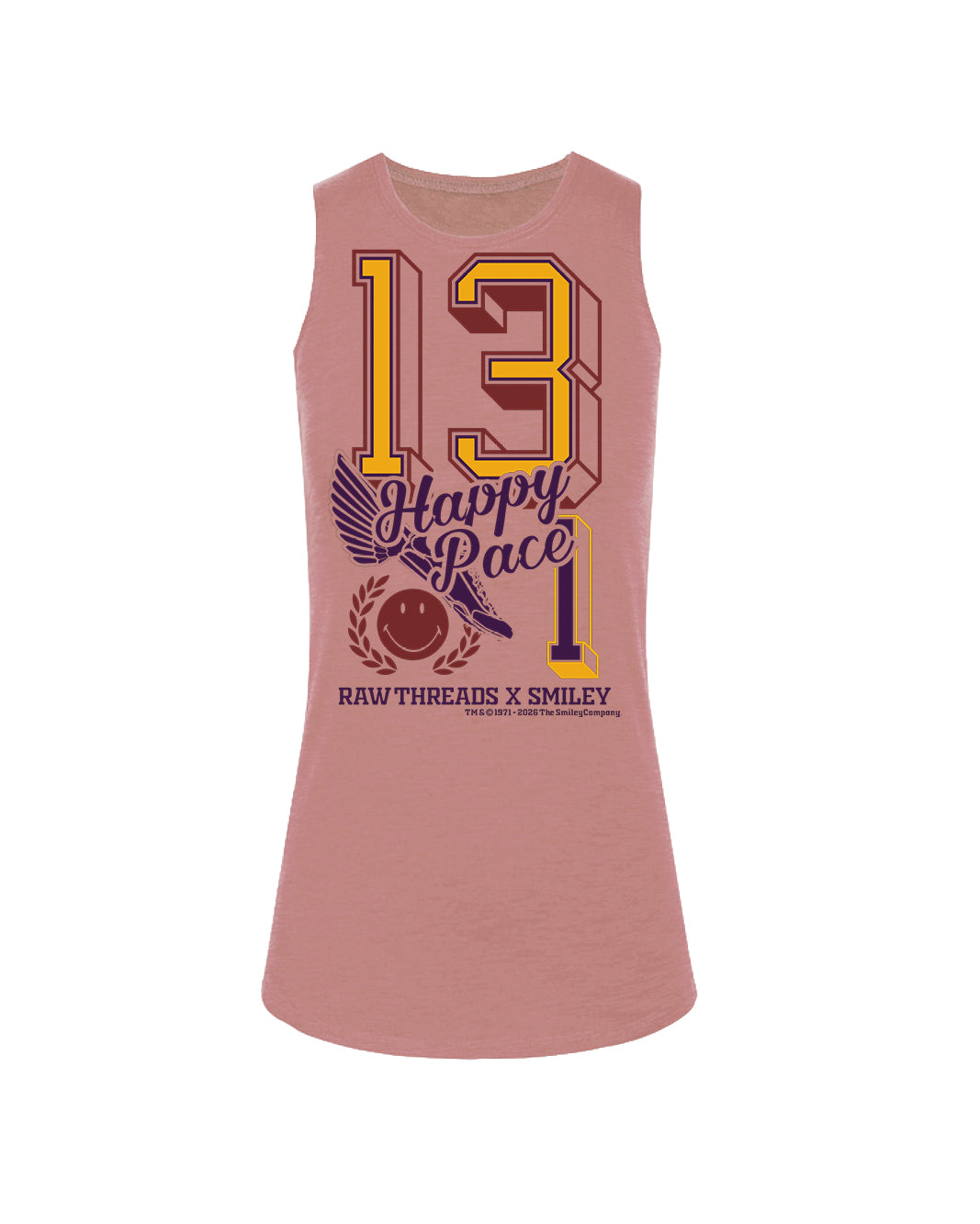 A sleeveless Vintage pink muscle tank top featuring a large graphic print on the front with the number 13.1, 'Happy Race' text, and 'RAW THREADS X SMILEY' printed in yellow, purple, and brown.