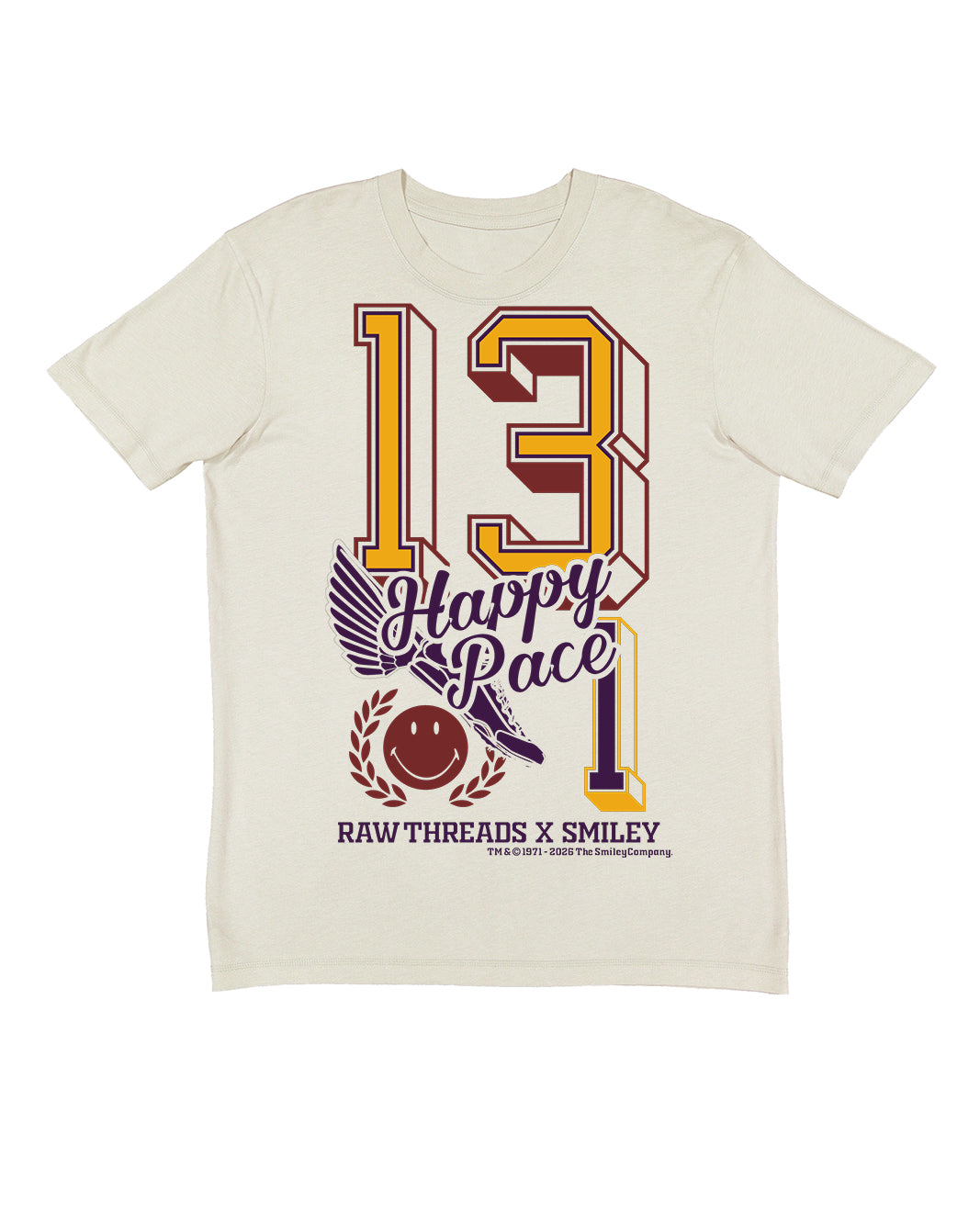 A tan gender-neutral t-shirt featuring a large graphic print on the front with the number 13.1, 'Happy Race' text, and 'RAW THREADS X SMILEY' printed in yellow, purple, and brown.