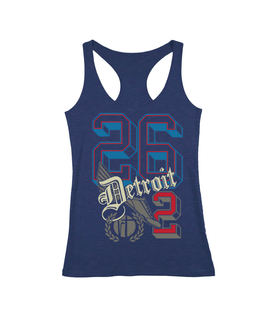 A heathered navy blue racerback tank top featuring a distressed graphic on the front with the number 26, the word 'Detroit', and a winged emblem.