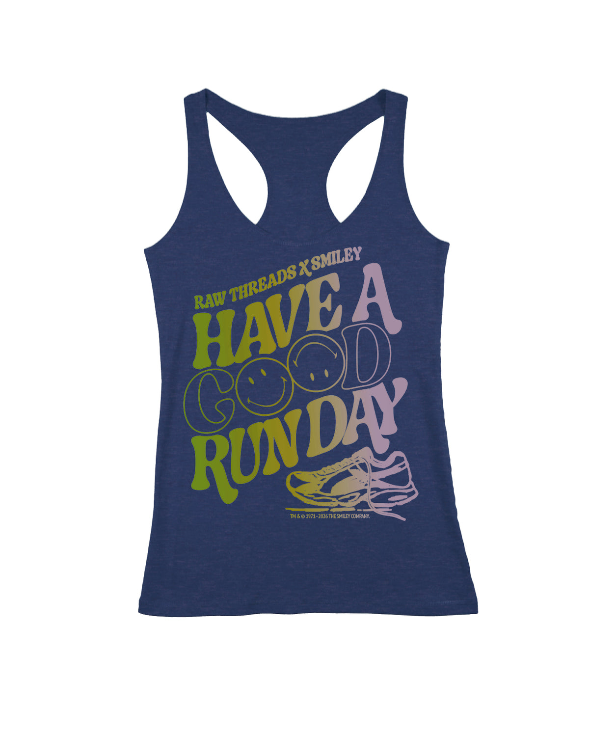A women's heather navy blue running racerback tank top featuring a colorful graphic print on the front that reads 'HAVE A GOOD RUN DAY' with Smiley  and running shoe illustration, featuring the Raw Threads X Smiley logo. Officially licensed by Smiley®.