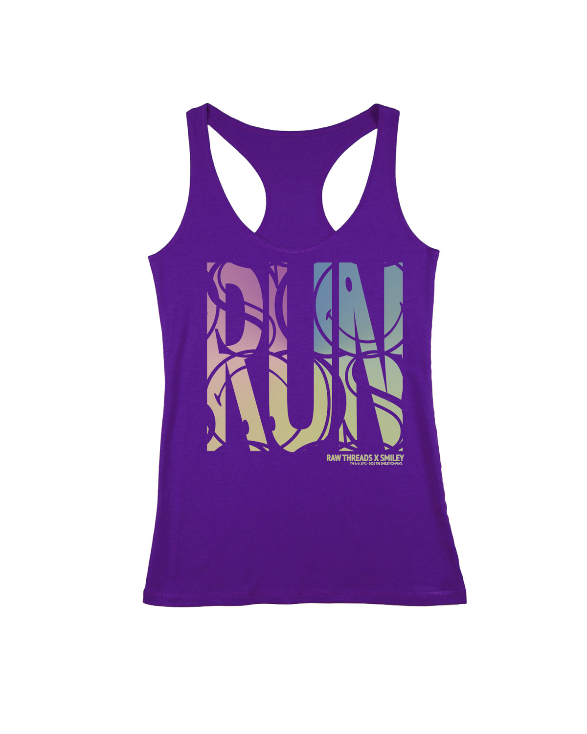 A deep purple racerback tank with the Raw Threads Signature large 'RUN' graphic across the chest in a multicolor gradient pattern featuring SMILEY. Including the Raw Threads X Smiley logo.