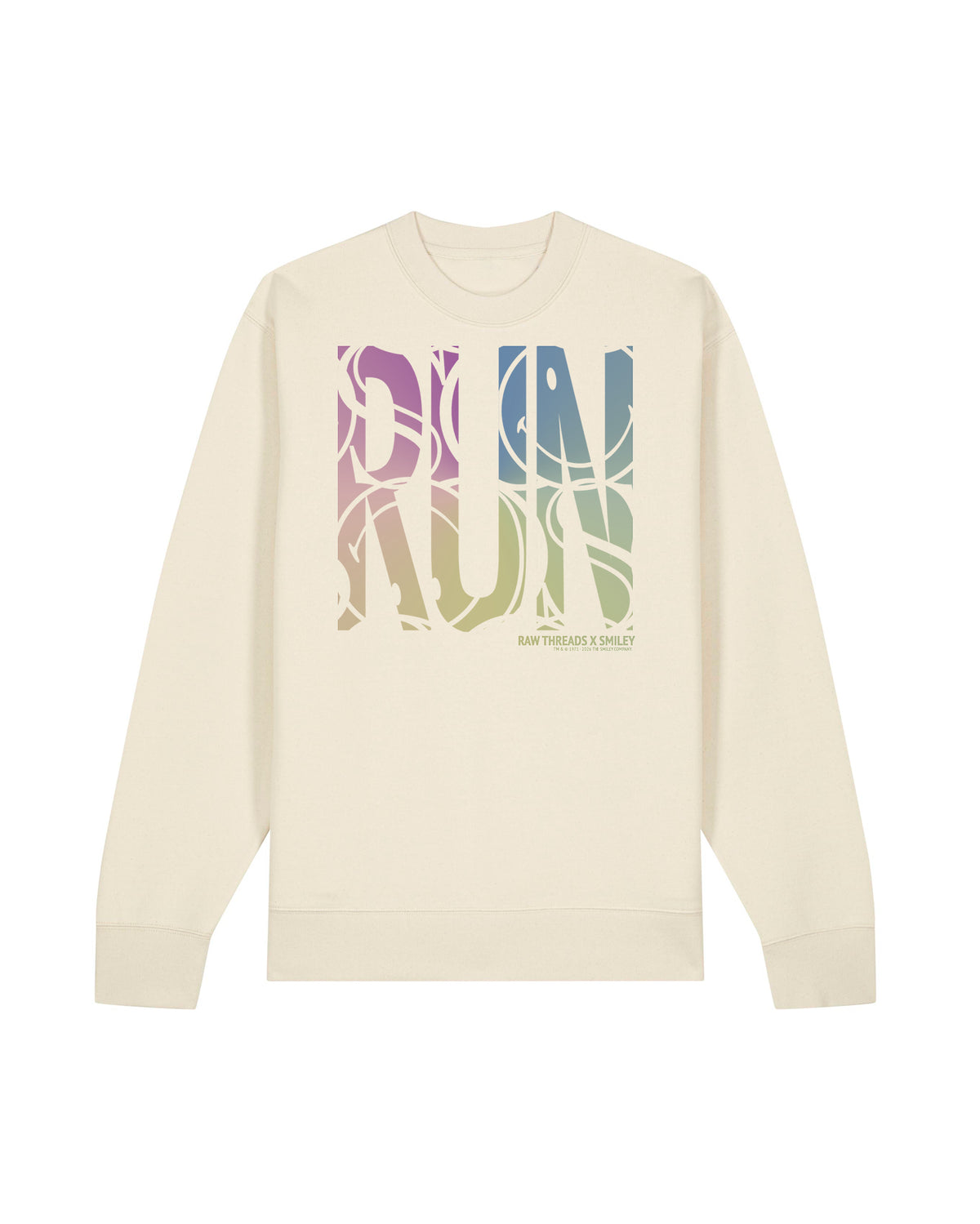 An oversized gender-neutral crew sweatshirt with the Raw Threads Signature large 'RUN' graphic across the chest in a multicolor gradient pattern featuring SMILEY. Including the Raw Threads X Smiley logo.