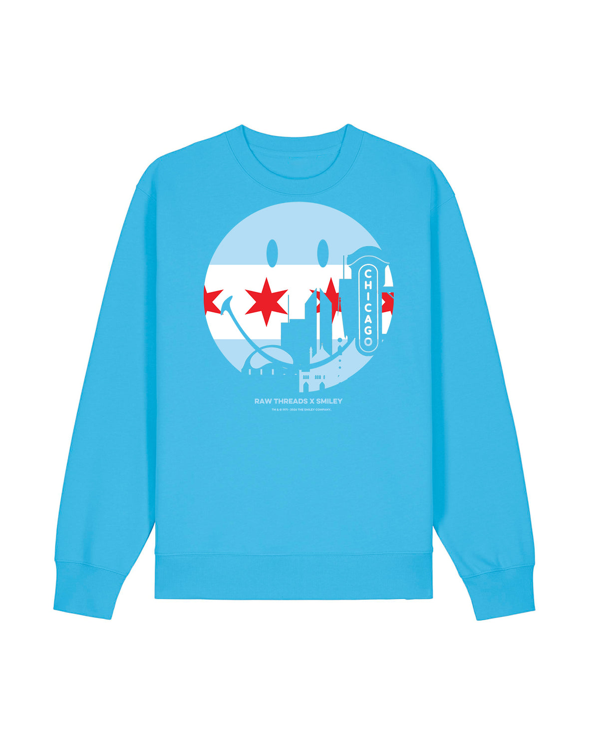 A bright blue crewneck sweatshirt featuring the iconic SMILEY® logo on the chest with the Chicago skyline and icons featuring the Chicago flag. Raw Threads X Smiley logo.