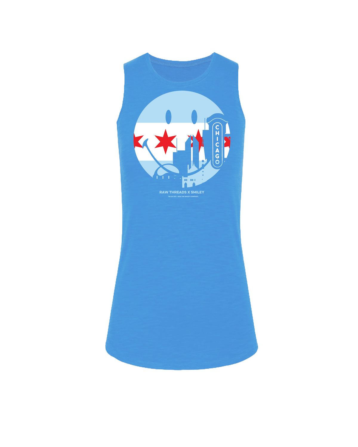 A bright blue women's muscle tank featuring the iconic SMILEY® logo on the chest with the Chicago skyline and icons featuring the Chicago flag. Raw Threads X Smiley logo.