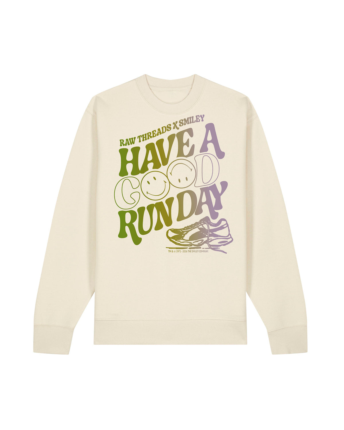 An oversized gender-netural crewneck sweatshirt featuring a colorful graphic print on the front that reads 'HAVE A GOOD RUN DAY' with Smiley  and running shoe illustration, featuring the Raw Threads X Smiley logo. Officially licensed by Smiley®