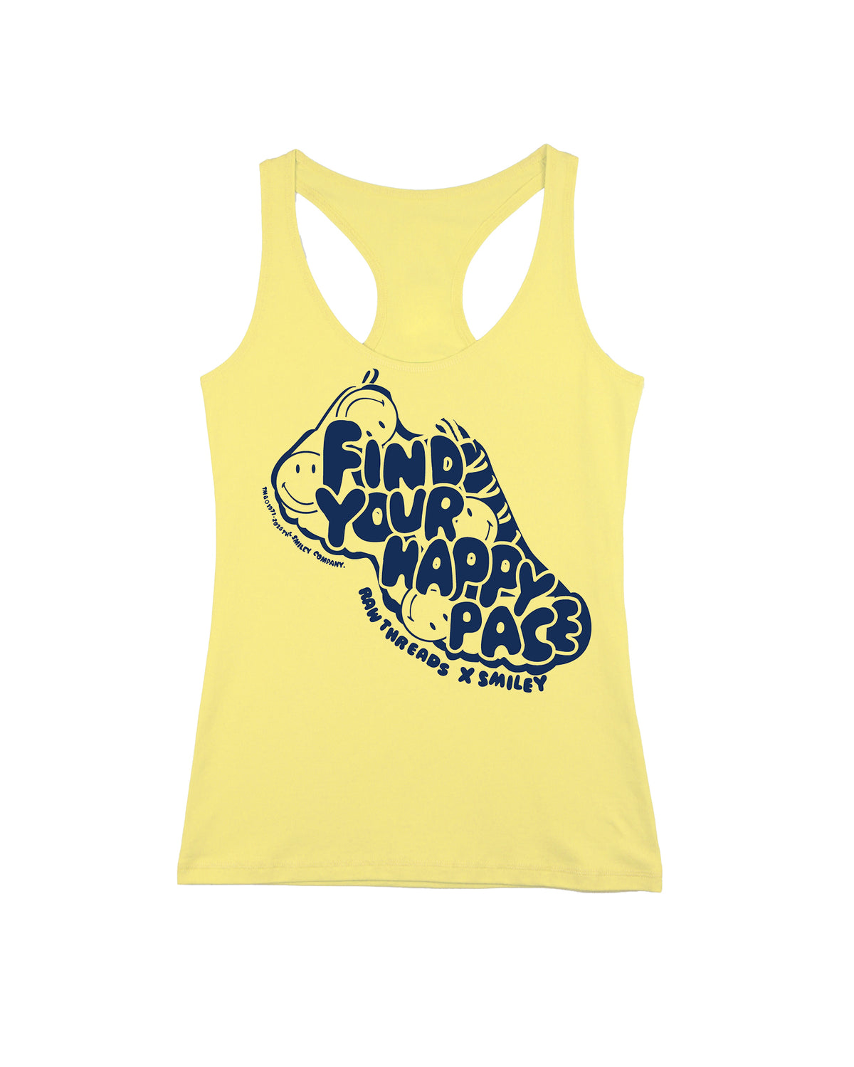 A pale yellow fitted running racerback tank top featuring a large navy blue graphic of a smiling face with the text 'FIND YOUR HAPPY PACE' and 'RAW THREADS X SMILEY' printed on the front.