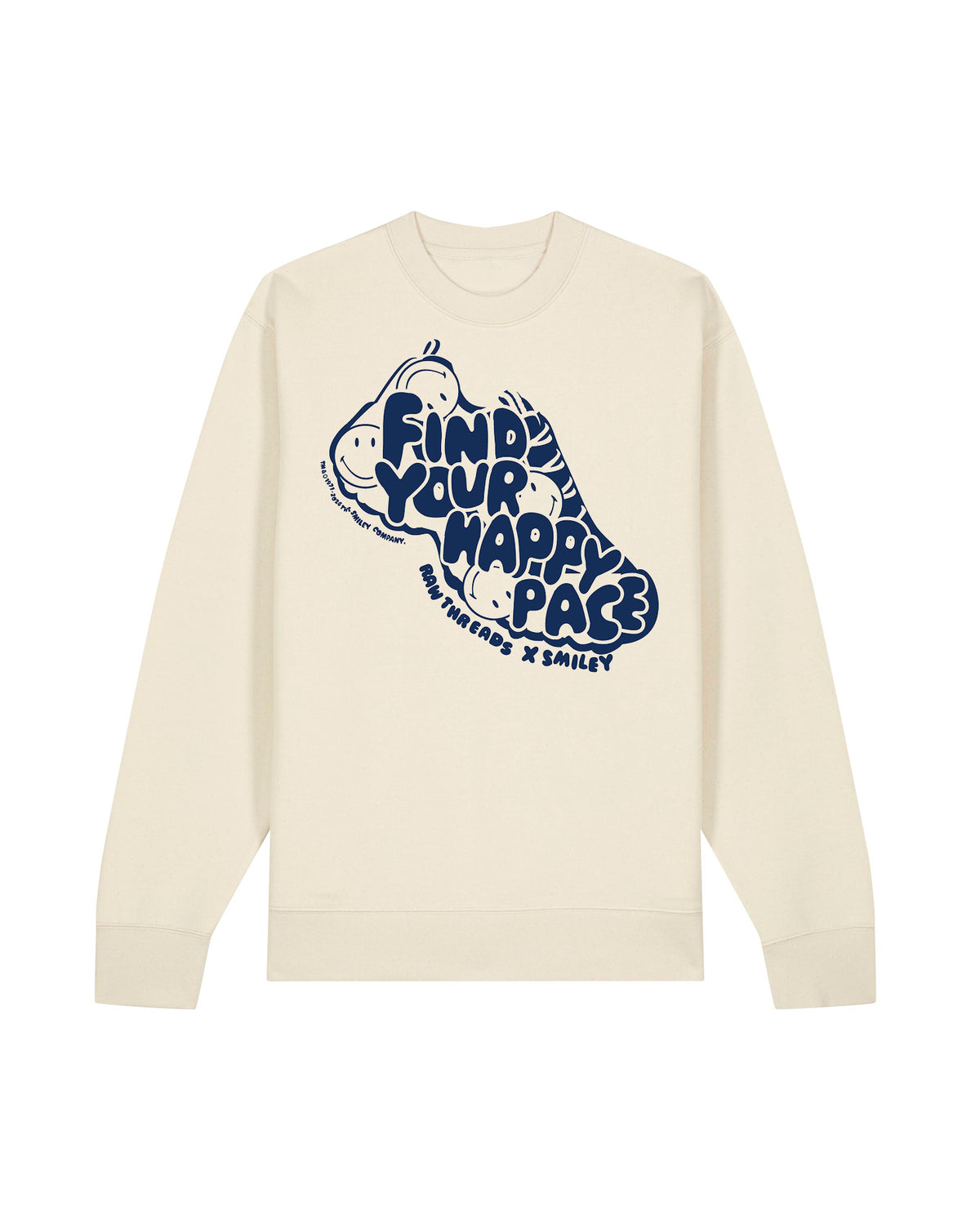 An oversized natural gender-neutral running t-shirt featuring a large navy blue graphic of a smiling face with the text 'FIND YOUR HAPPY PACE' and 'RAW THREADS X SMILEY' printed on the front.