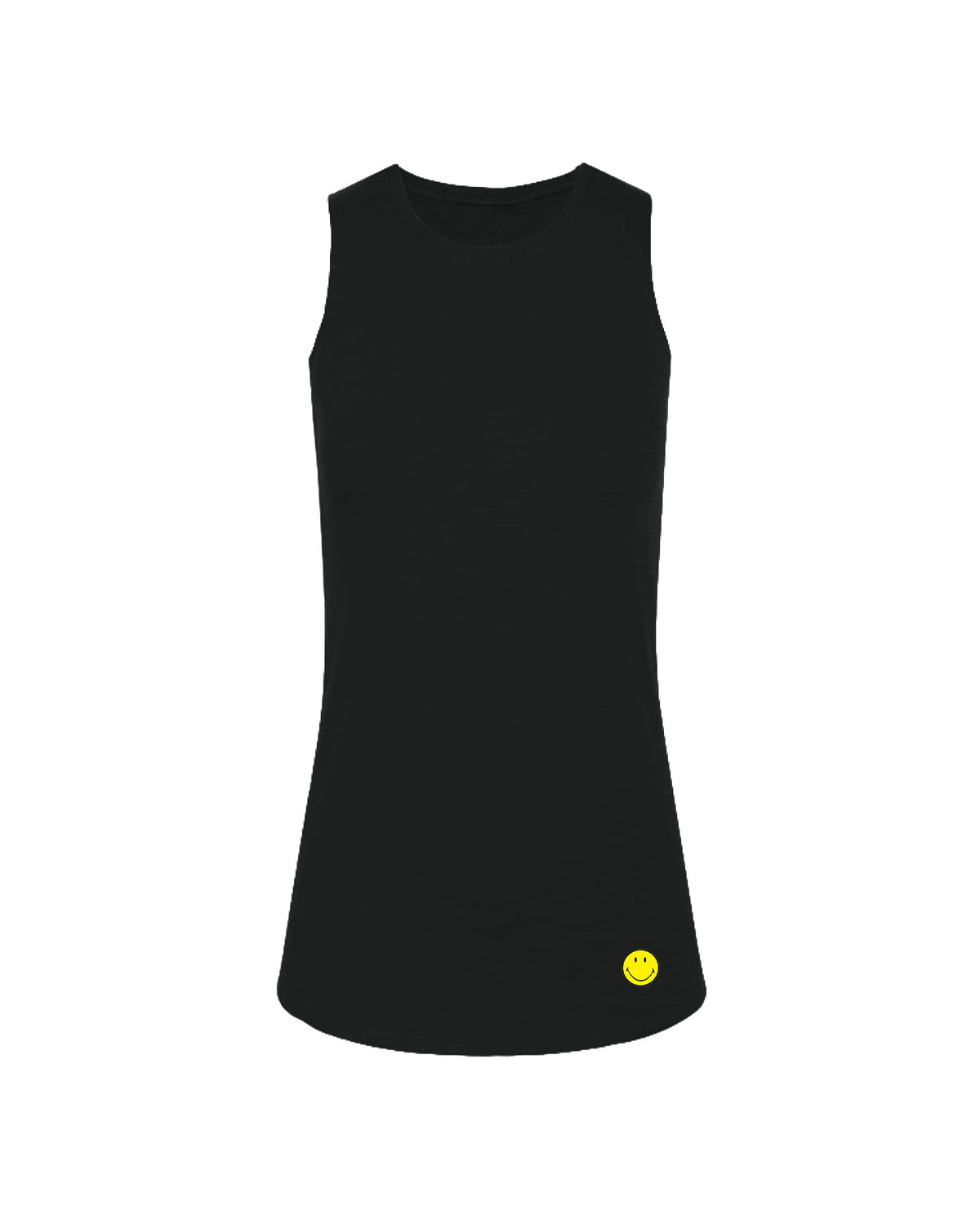 A women's black sleeveless muscle tank top featuring a small official SMILEY® patch on the bottom right. Patch is an embroidered texture.