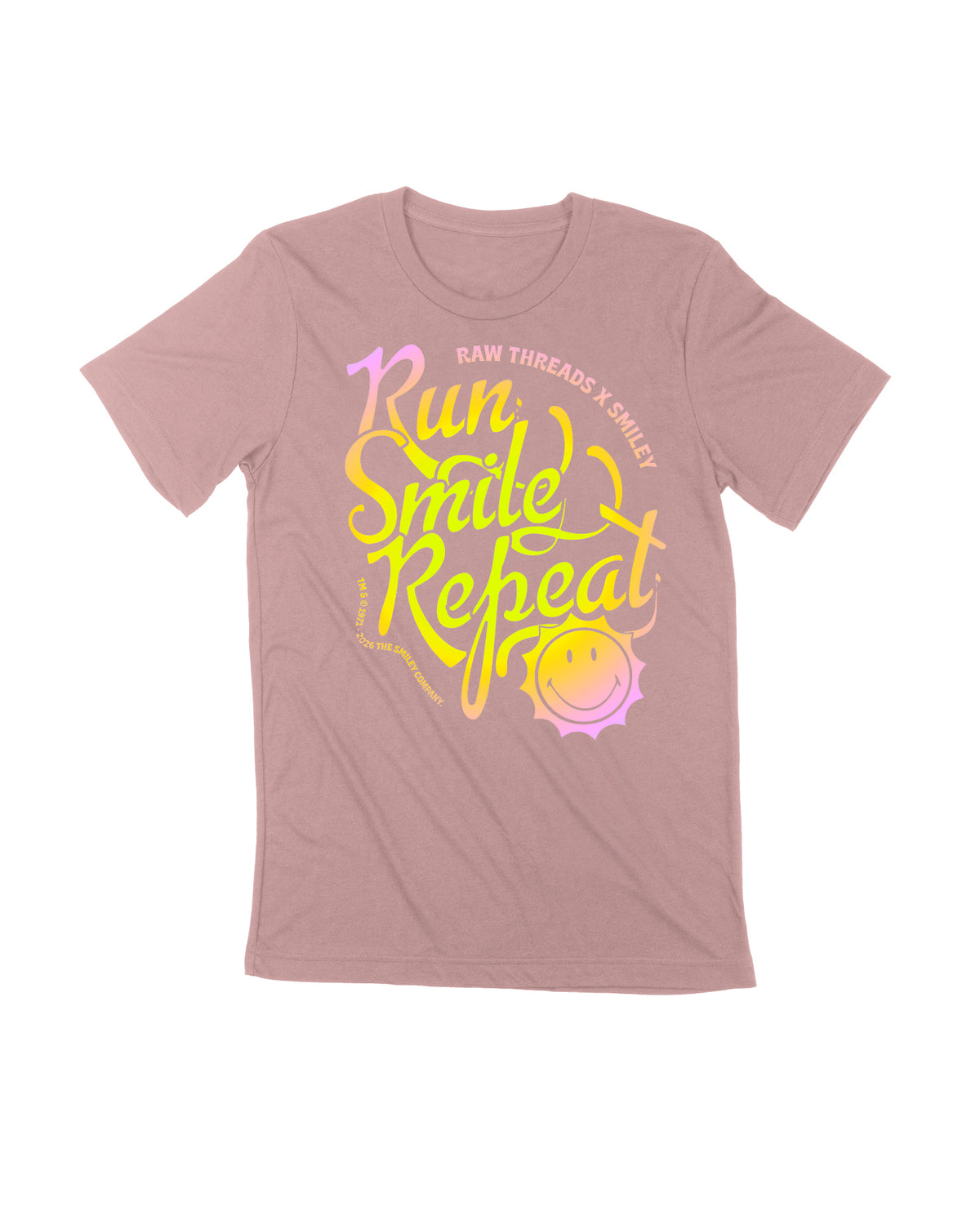 A gender-neutral vintage rose heather running crew neck featuring a colorful graphic on the front with the text 'Run Smile Repeat' in yellow and pink gradients, along with a small sun design featuring SMILEY® and 'RAW THREADS X SMILEY' branding.