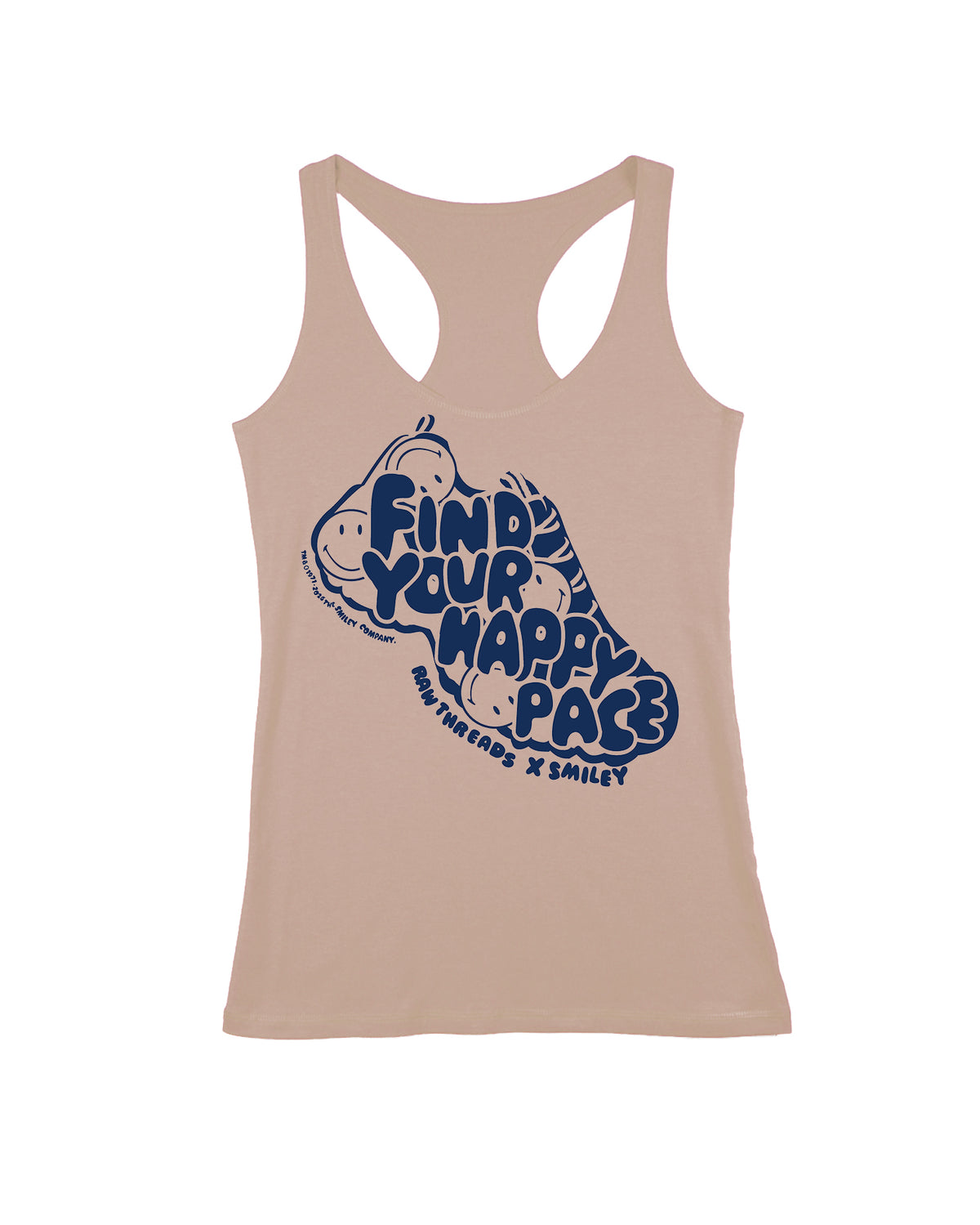 A women's sandy tan fitted running racerback tank top featuring a large navy blue graphic of a smiling face with the text 'FIND YOUR HAPPY PACE' and 'RAW THREADS X SMILEY' printed on the front.
