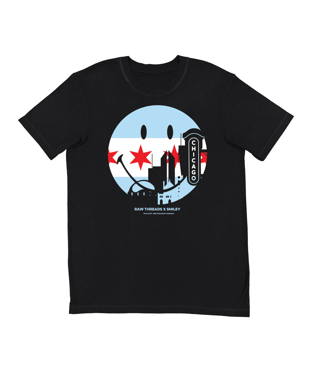 A gender-neutral black short-sleeve crewneck t-shirt featuring the iconic SMILEY® logo on the chest with the Chicago skyline and icons featuring the Chicago flag. Raw Threads X Smiley logo.