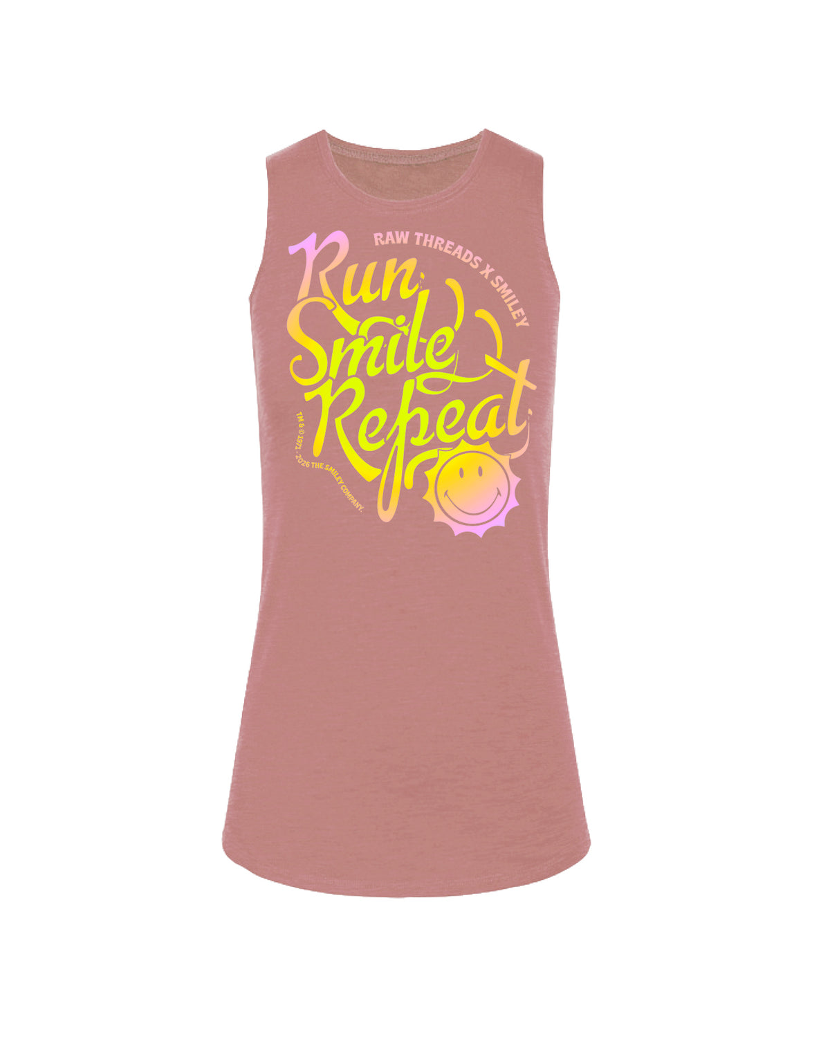 A women's vintage rose heather pink muscle core tank top featuring a colorful graphic on the front with the text 'Run Smile Repeat' in yellow and pink gradients, along with a small sun design featuring SMILEY® and 'RAW THREADS X SMILEY' branding.