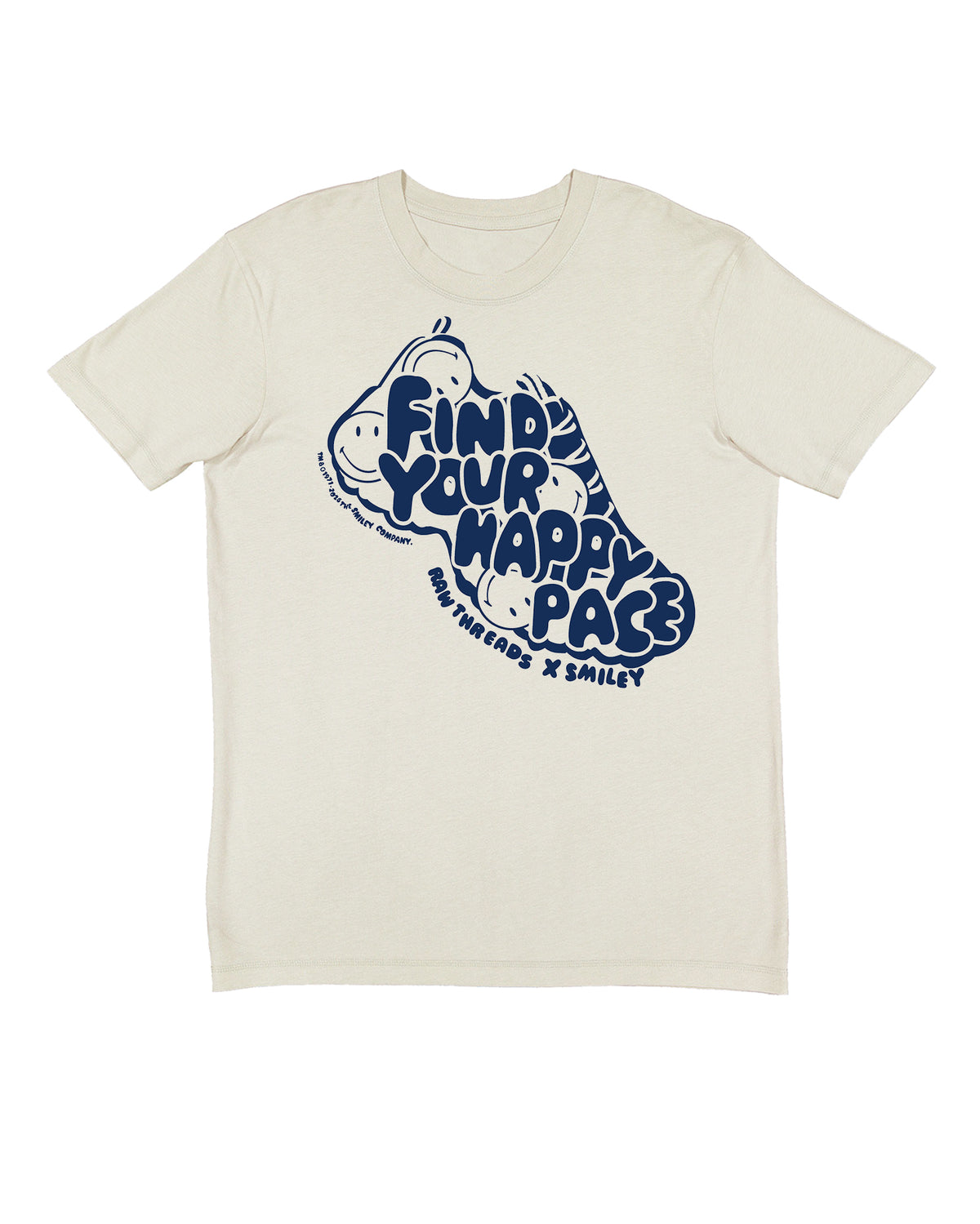 A tan gender-neutral running t-shirt featuring a large navy blue graphic of a smiling face with the text 'FIND YOUR HAPPY PACE' and 'RAW THREADS X SMILEY' printed on the front.