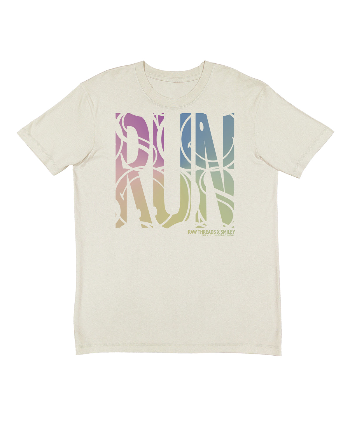 A tan gender-neutral crew running tee with the Raw Threads Signature large 'RUN' graphic across the chest in a multicolor gradient pattern featuring SMILEY. Including the Raw Threads X Smiley logo.