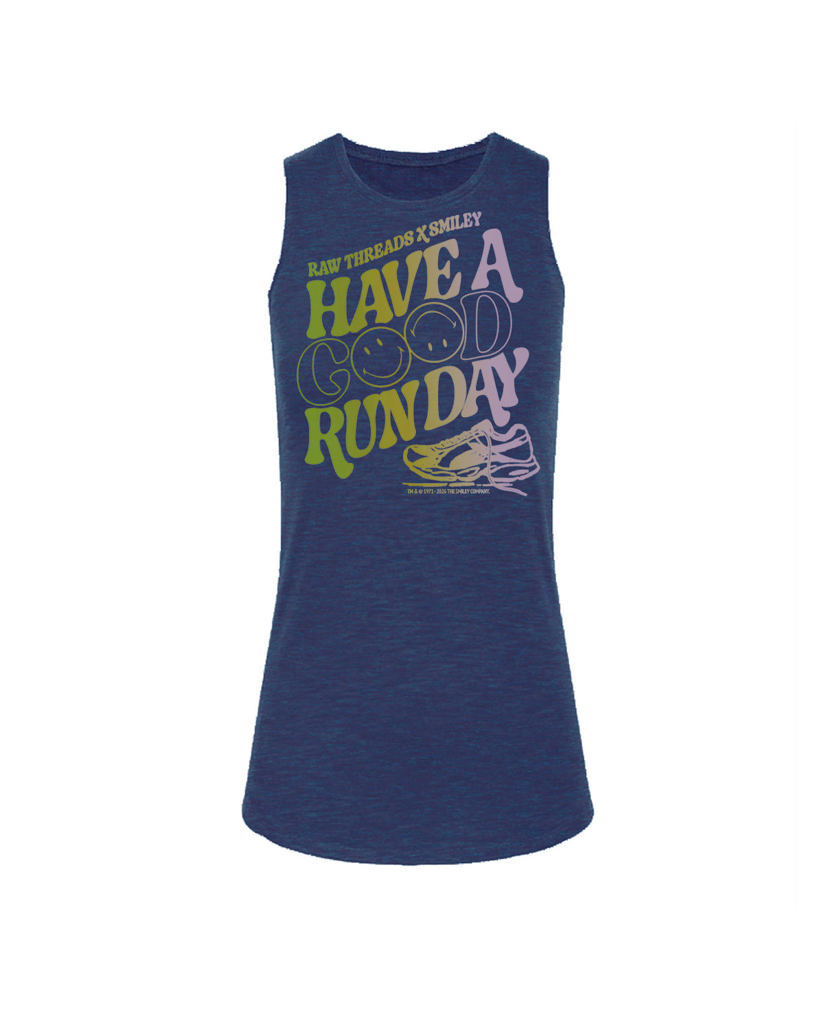 A women's sleeveless heather navy blue muscle tank top featuring a colorful graphic print on the front that reads 'HAVE A GOOD RUN DAY' with Smiley  and running shoe illustration, featuring the Raw Threads X Smiley logo. Officially licensed by Smiley®.