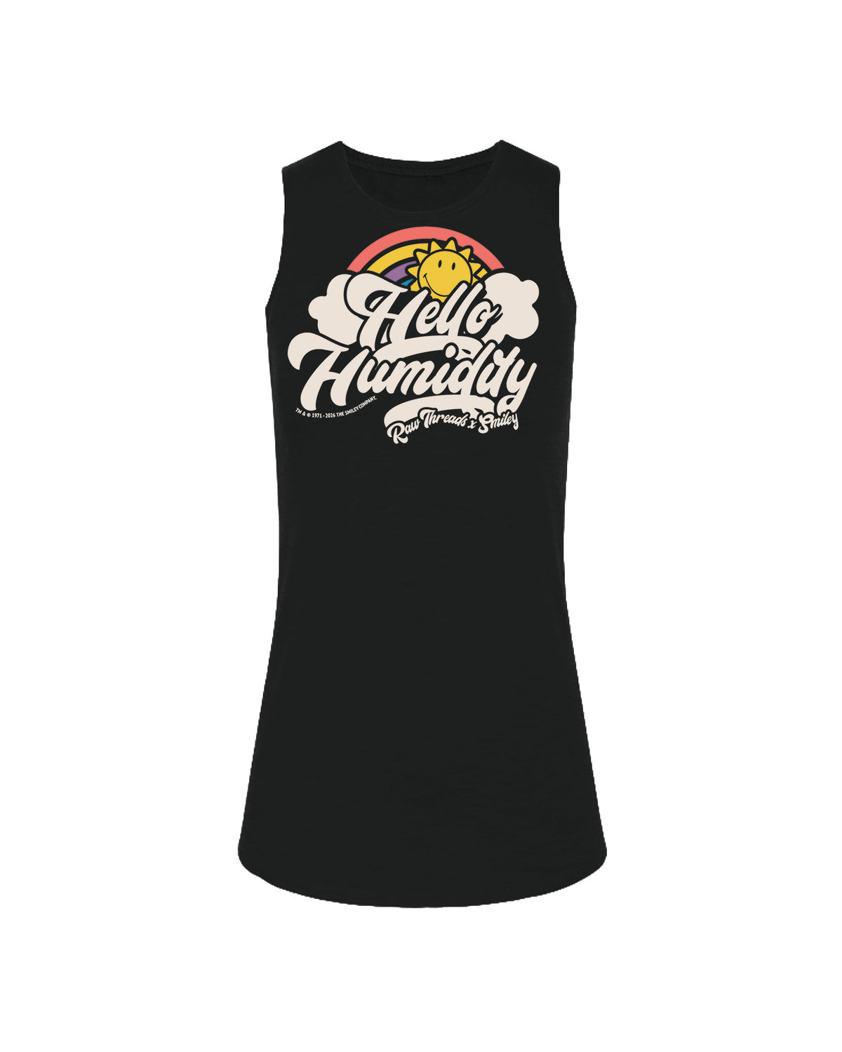 A women's black sleeveless running muscle tank top in black, featuring a retro-style graphic on the front with a yellow sun, rainbow, clouds, and the text 'Hello Humidity' in off-white script. Featuring the Raw Threads X Smiley logo.