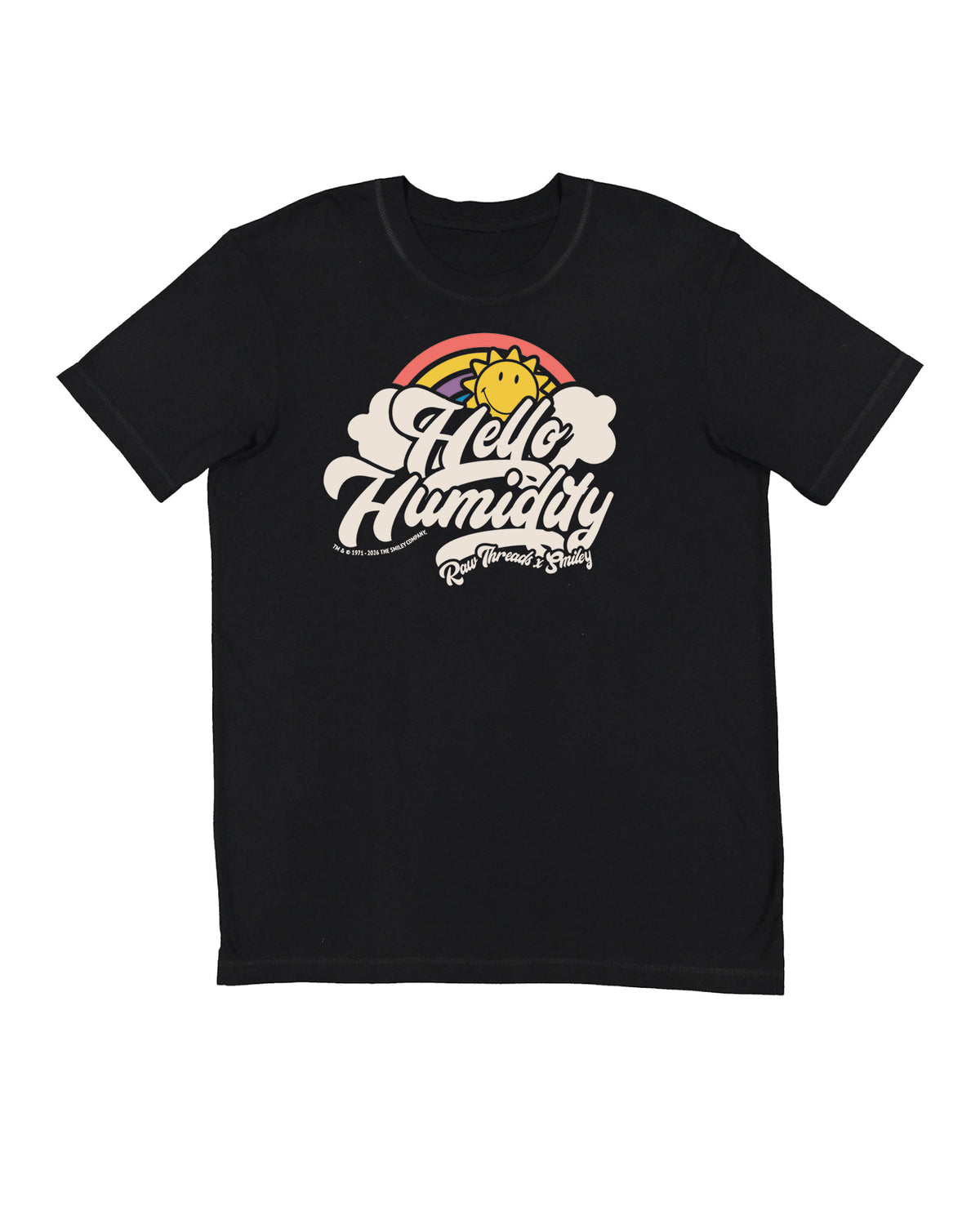 A gender-neutral running crew in black, featuring a retro-style graphic on the front with a yellow sun, rainbow, clouds, and the text 'Hello Humidity' in off-white script. Featuring the Raw Threads X Smiley logo.