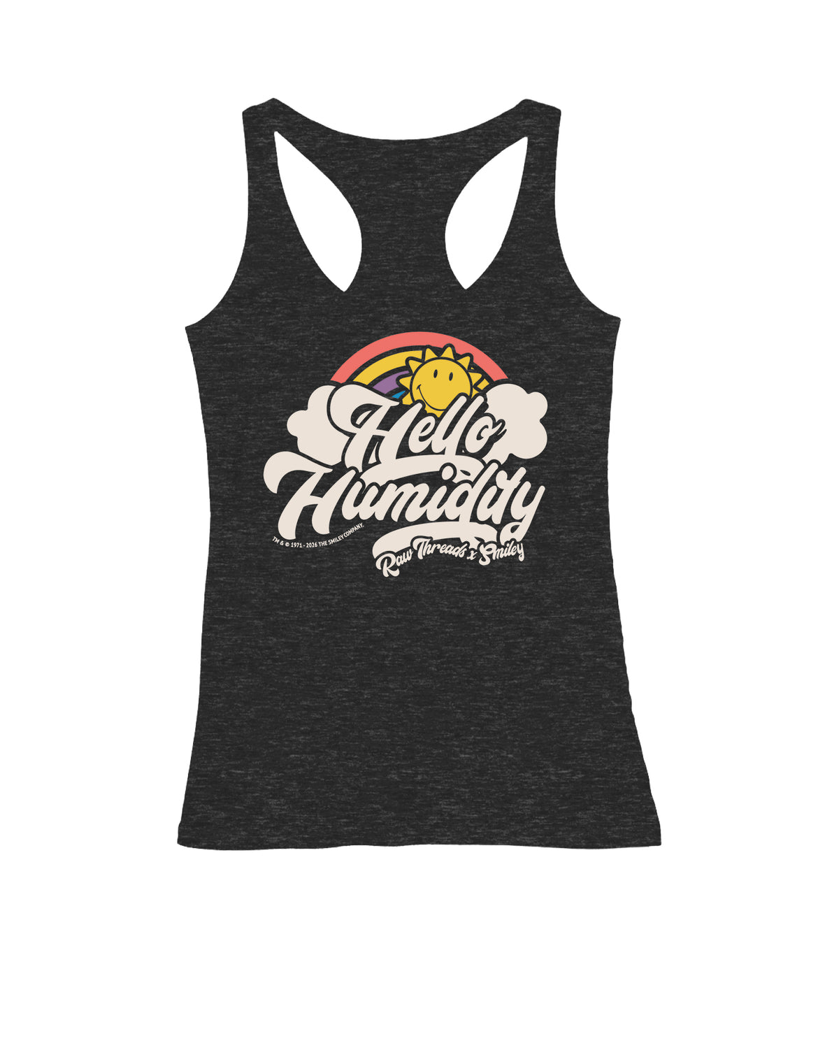 A women's fitted silhouette running racerback tank top in dark heather gray, featuring a retro-style graphic on the front with a yellow sun, rainbow, clouds, and the text 'Hello Humidity' in off-white script. Featuring the Raw Threads X Smiley logo.
