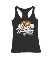 A women's fitted silhouette running racerback tank top in dark heather gray, featuring a retro-style graphic on the front with a yellow sun, rainbow, clouds, and the text 'Hello Humidity' in off-white script. Featuring the Raw Threads X Smiley logo.