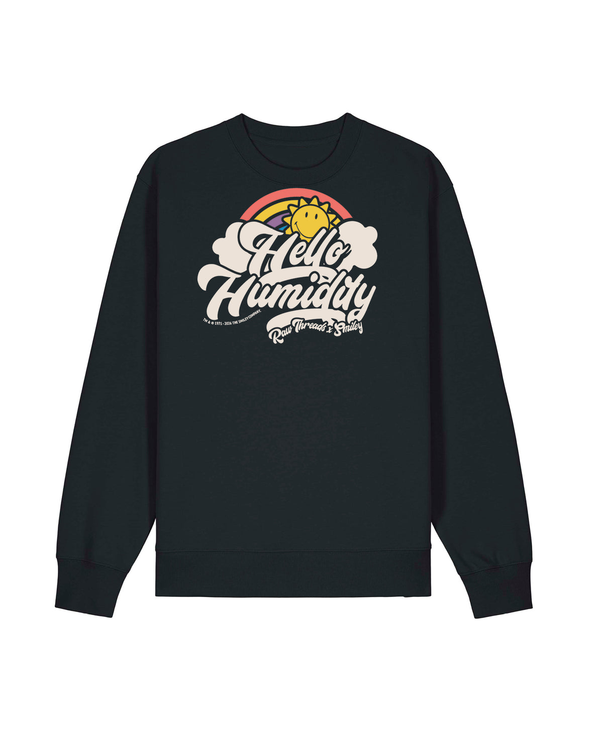 A gender-neutral oversized sweater in black, featuring a retro-style graphic on the front with a yellow sun, rainbow, clouds, and the text 'Hello Humidity' in off-white script. Featuring the Raw Threads X Smiley logo.