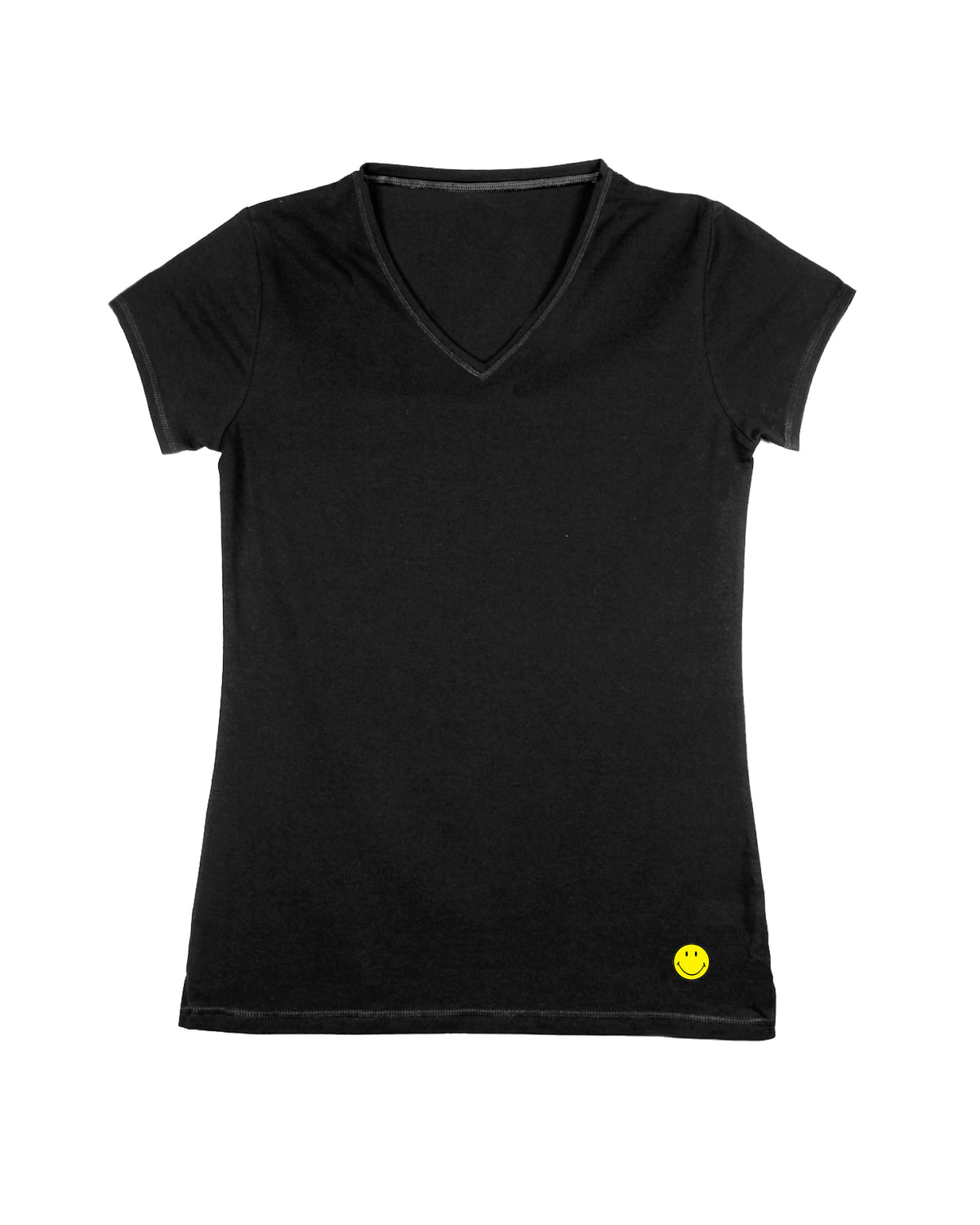 A women's black short-sleeve V-neck running t-shirt featuring a small official SMILEY® patch on the bottom right. Patch is an embroidered texture.