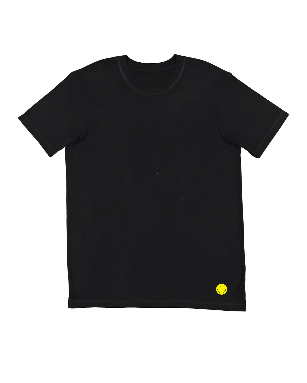 A gender-neutral black short-sleeve crewneck running t-shirt featuring a small official SMILEY® patch on the bottom right. Patch is an embroidered texture.