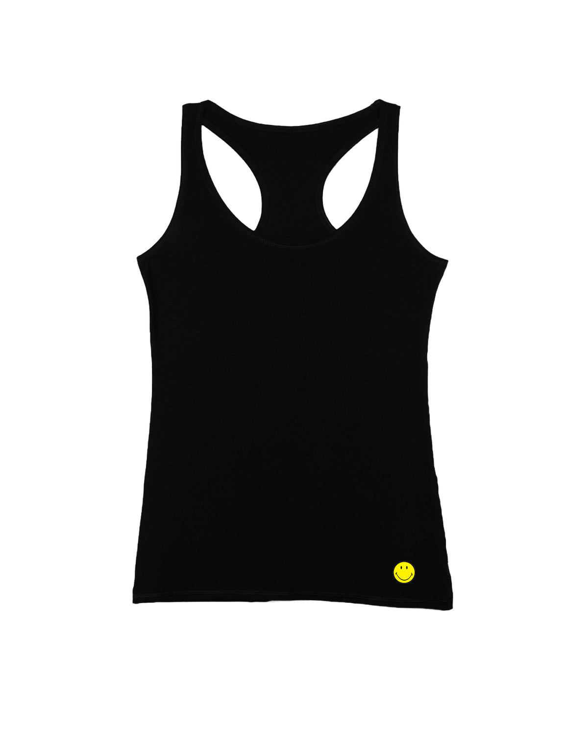 A women's black racerback tank top featuring a small official SMILEY® patch on the bottom right. Patch is an embroidered texture.