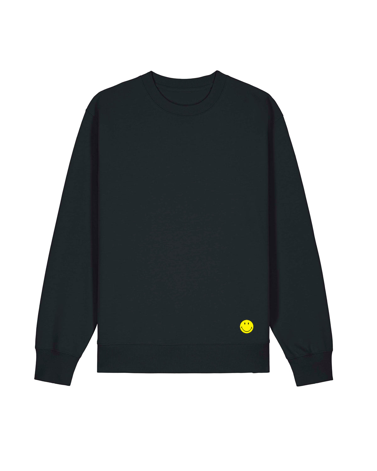 A gender-neutral black oversized sweater featuring a small official SMILEY® patch on the bottom right. Patch is an embroidered texture.