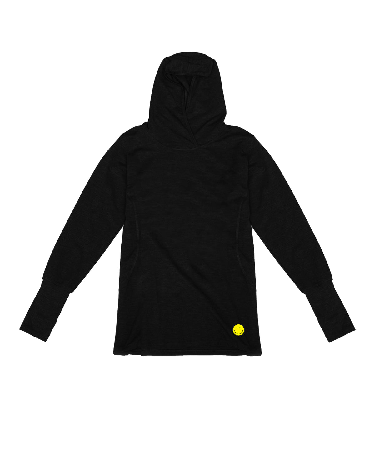 A women's princess seamed black hoodie featuring a small official SMILEY® patch on the bottom right. Patch is an embroidered texture.