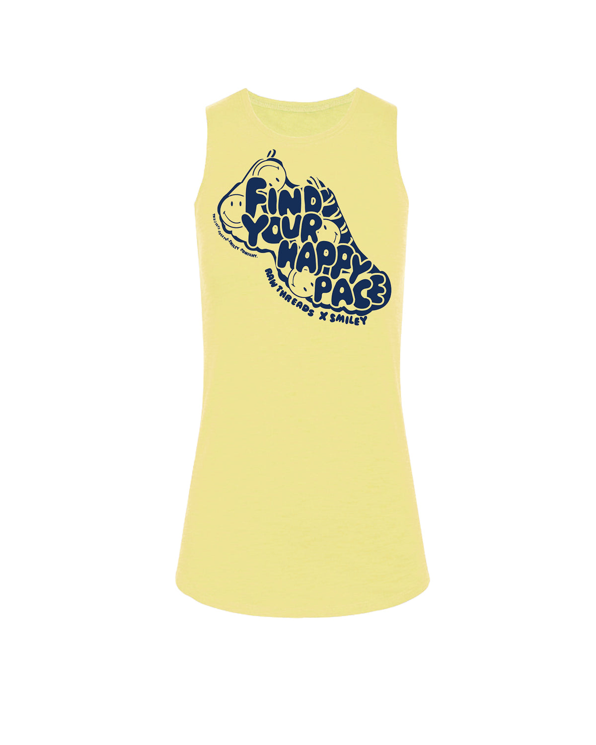 A women's pale yellow running muscle-tank top featuring a large navy blue graphic of a smiling face with the text 'FIND YOUR HAPPY PACE' and 'RAW THREADS X SMILEY' printed on the front.
