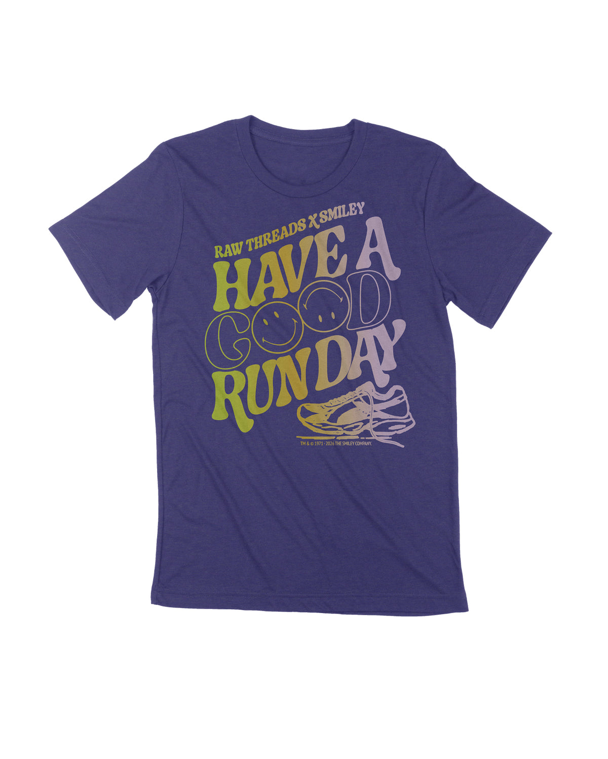 A gender-neutral heather navy blue running crew-neck tee featuring a colorful graphic print on the front that reads 'HAVE A GOOD RUN DAY' with Smiley  and running shoe illustration, featuring the Raw Threads X Smiley logo. Officially licensed by Smiley®.