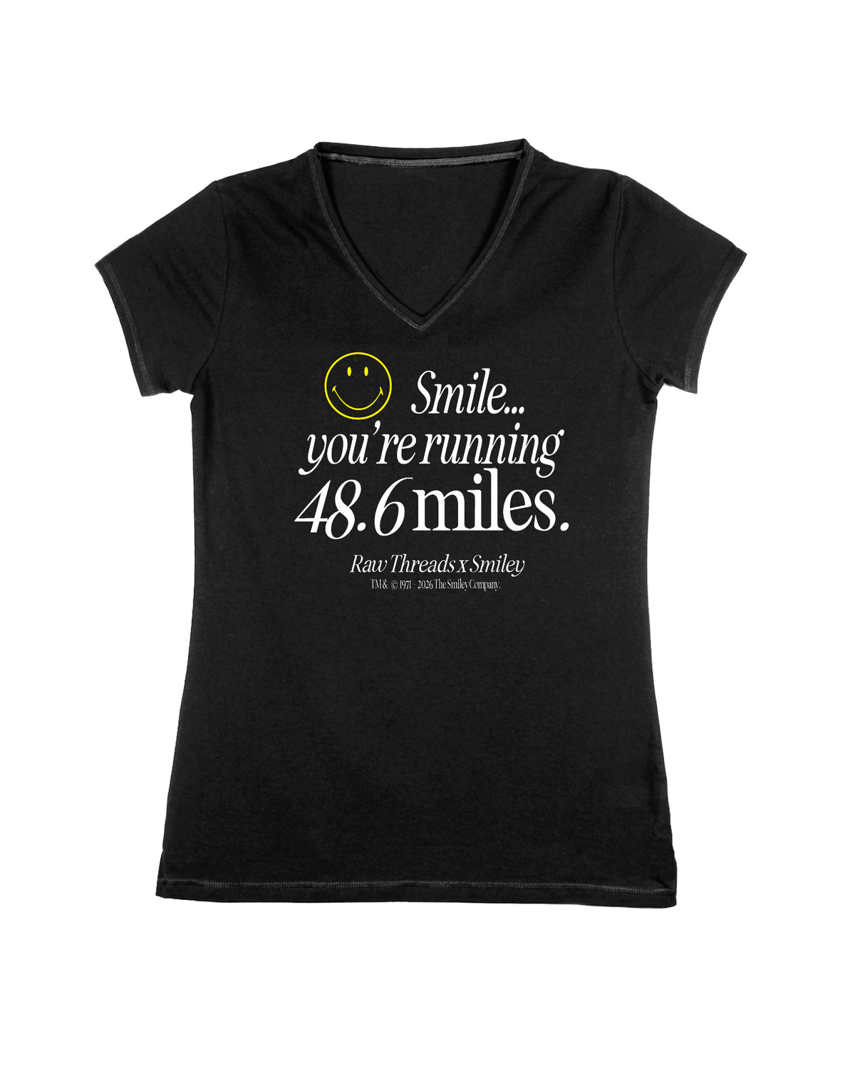 A women's running v-neck short sleeve tee with capped sleeves in black with a white and yellow graphic on the front that reads 'Smile you're running 48.6 miles.' Raw Threads x Smiley logos.