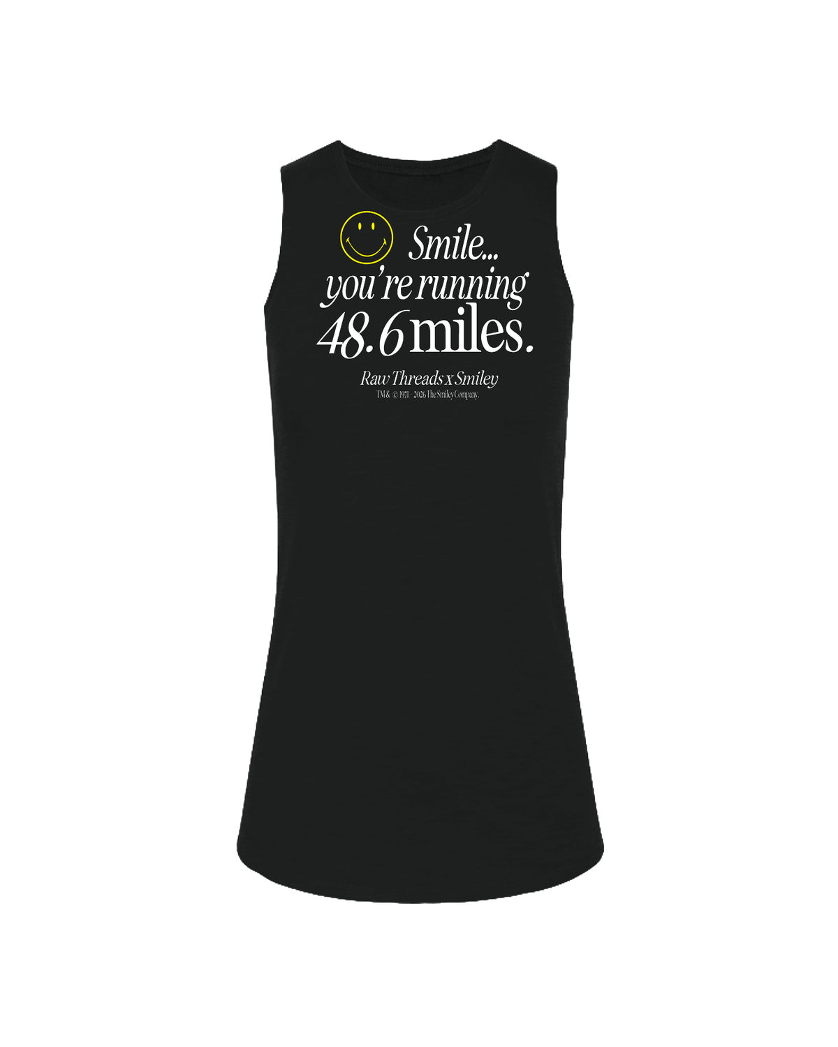 A women's running muscle tank in black with a white and yellow graphic on the front that reads 'Smile you're running 48.6 miles.' Raw Threads x Smiley logos.