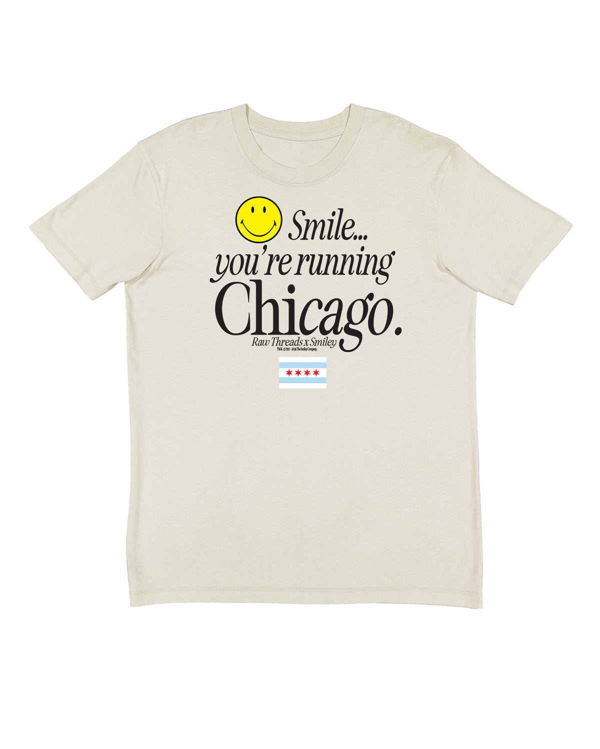 A tan gender-neutral crewneck running tee featuring a graphic print on the front with a yellow smiley face and the text 'Smile you're running Chicago' including the Chicago flag and the Raw Threads x Smiley logo.