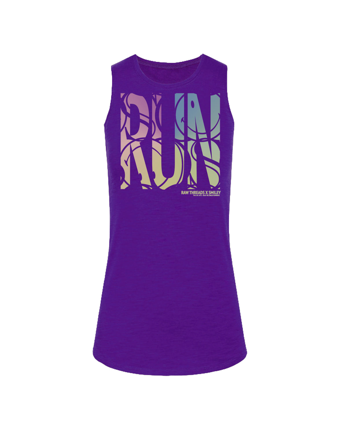 A deep purple women's sleeveless muscle tank top with the Raw Threads Signature large 'RUN' graphic across the chest in a multicolor gradient pattern featuring SMILEY. Including the Raw Threads X Smiley logo.