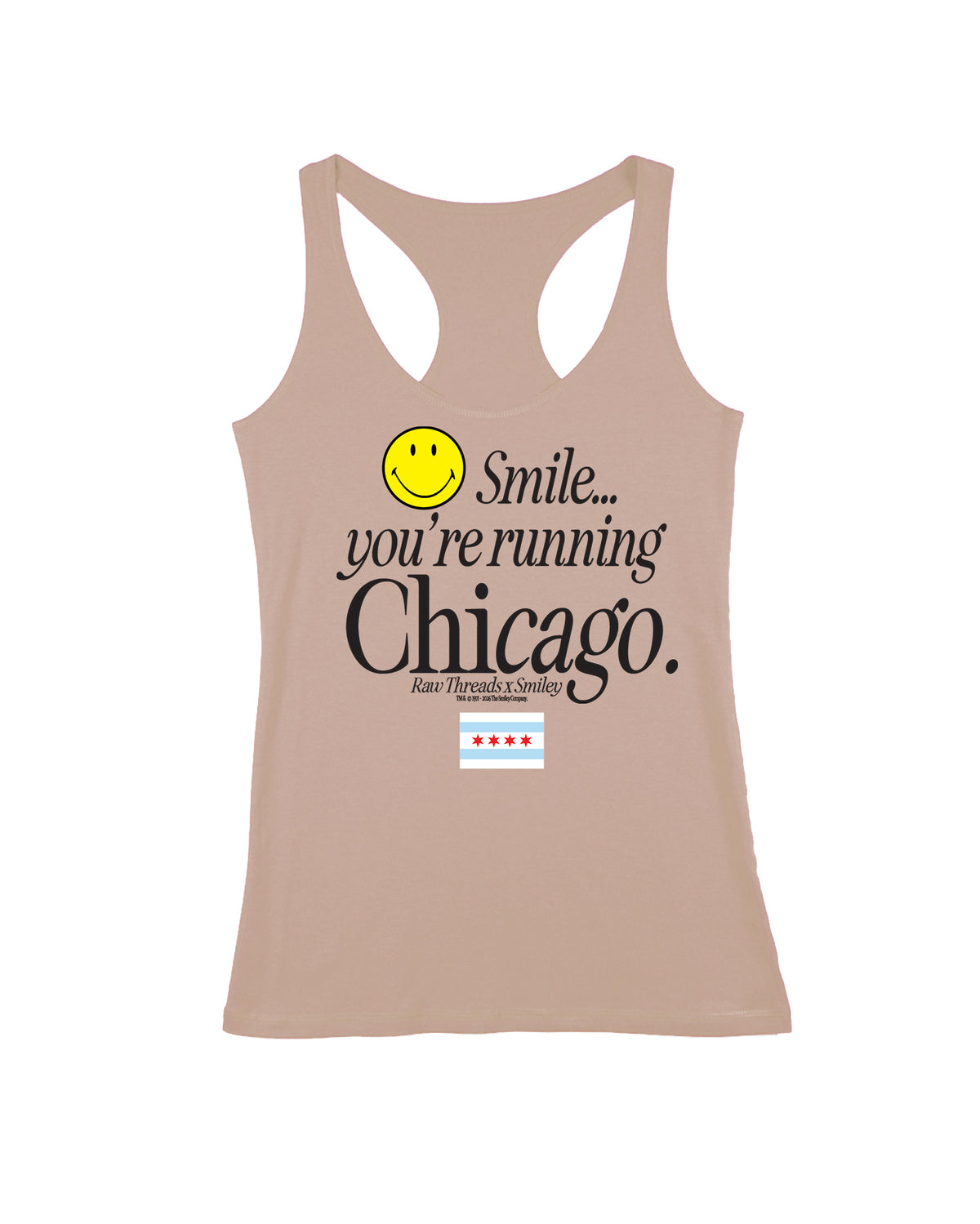 A sandy tan women's running racerback featuring a fitted silhouette and a graphic print on the front with a yellow smiley face and the text 'Smile you're running Chicago' including the Chicago flag and the Raw Threads x Smiley logo.