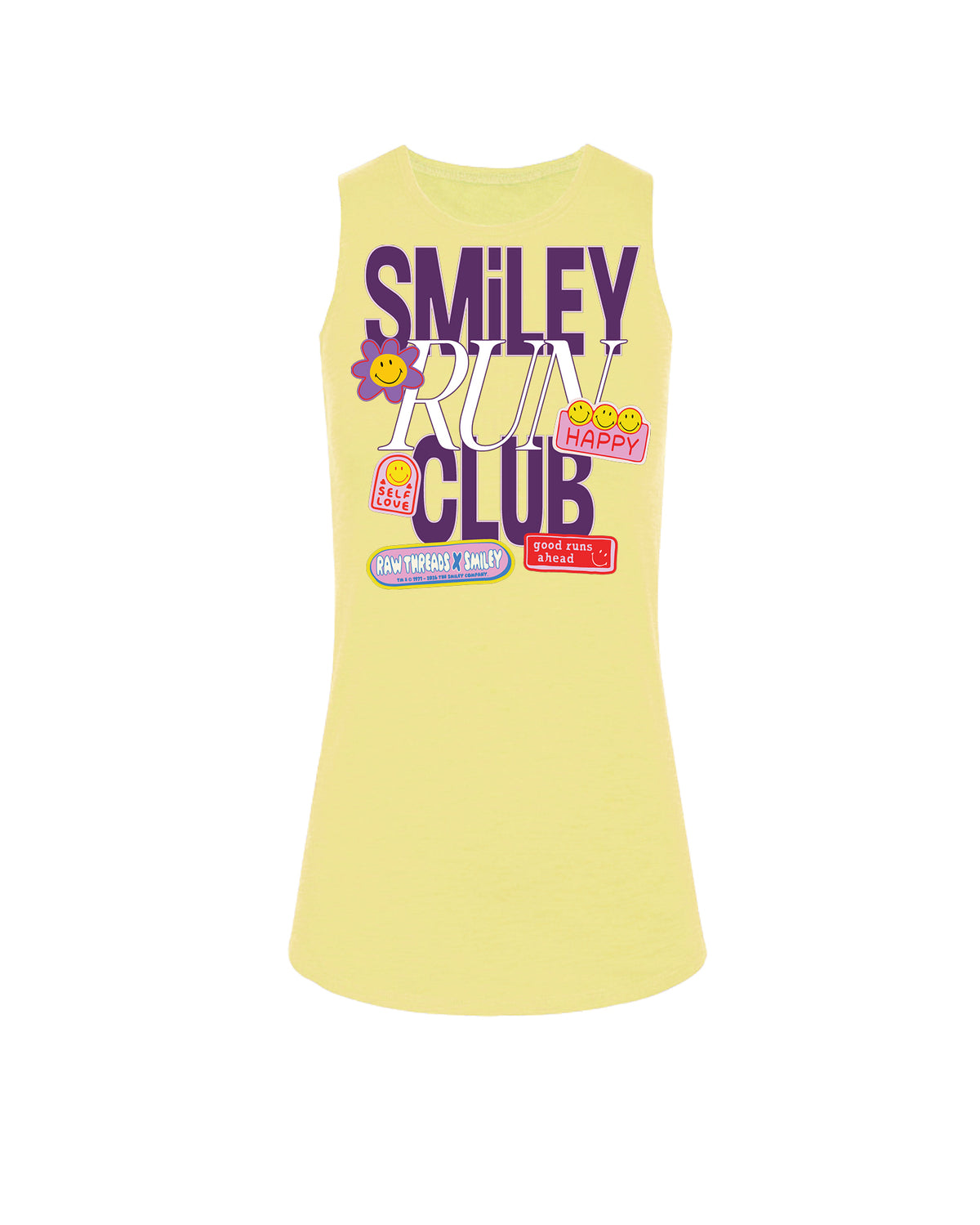 A lemon meringue yellow women's muscle tank featuring a colorful graphic print on the front with the text 'SMILEY RUN CLUB' and various cartoon smiley face elements, featuring Raw Threads x Smiley logo. 