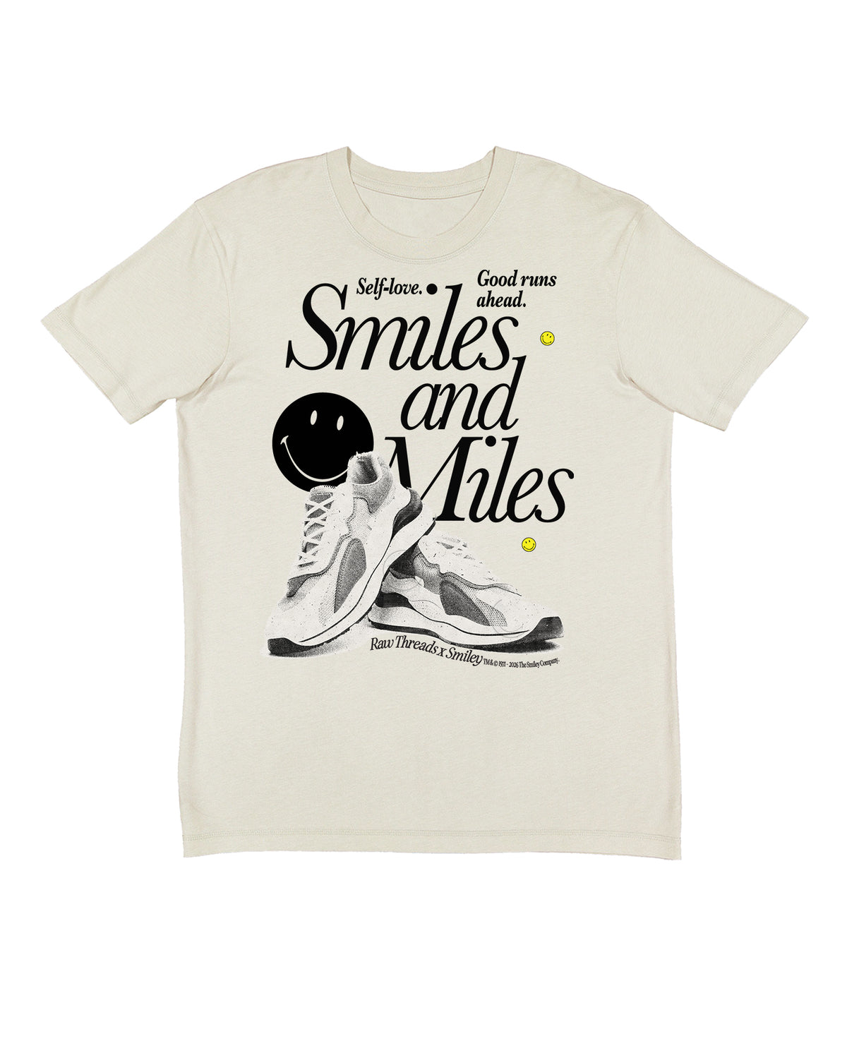 A natural gender-neutral crew featuring a graphic print on the front with the text 'Smiles and Miles', a black retro smiley face, a white sneaker illustration, and small yellow Smileys. Features the text: self-love, good runs ahead.