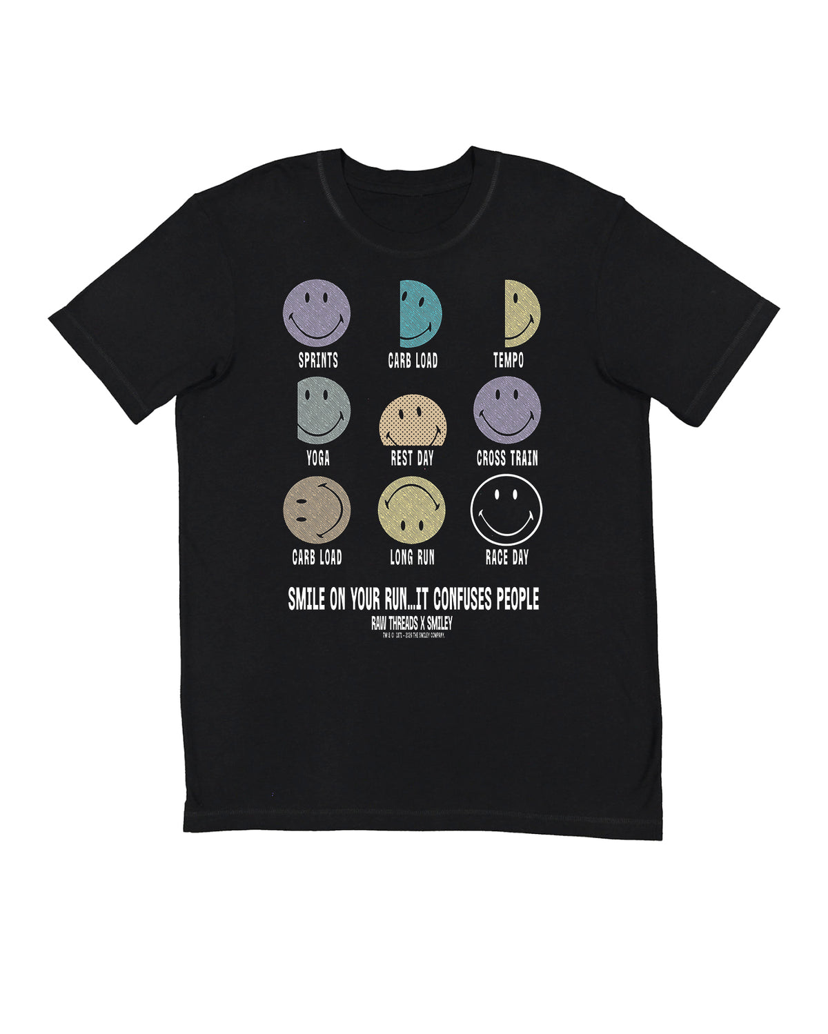 A black gender-neutral crew featuring a graphic of nine smiley faces in various colors, each labeled with a training term like 'Sprints', 'Carb Load', 'Tempo', 'Yoga', 'Rest Day', 'Cross Train', 'Long Run', and 'Race Day'. Below the smileys, the text reads 'SMILE ON YOUR RUN…it confuses people. Raw Threads x Smiley.