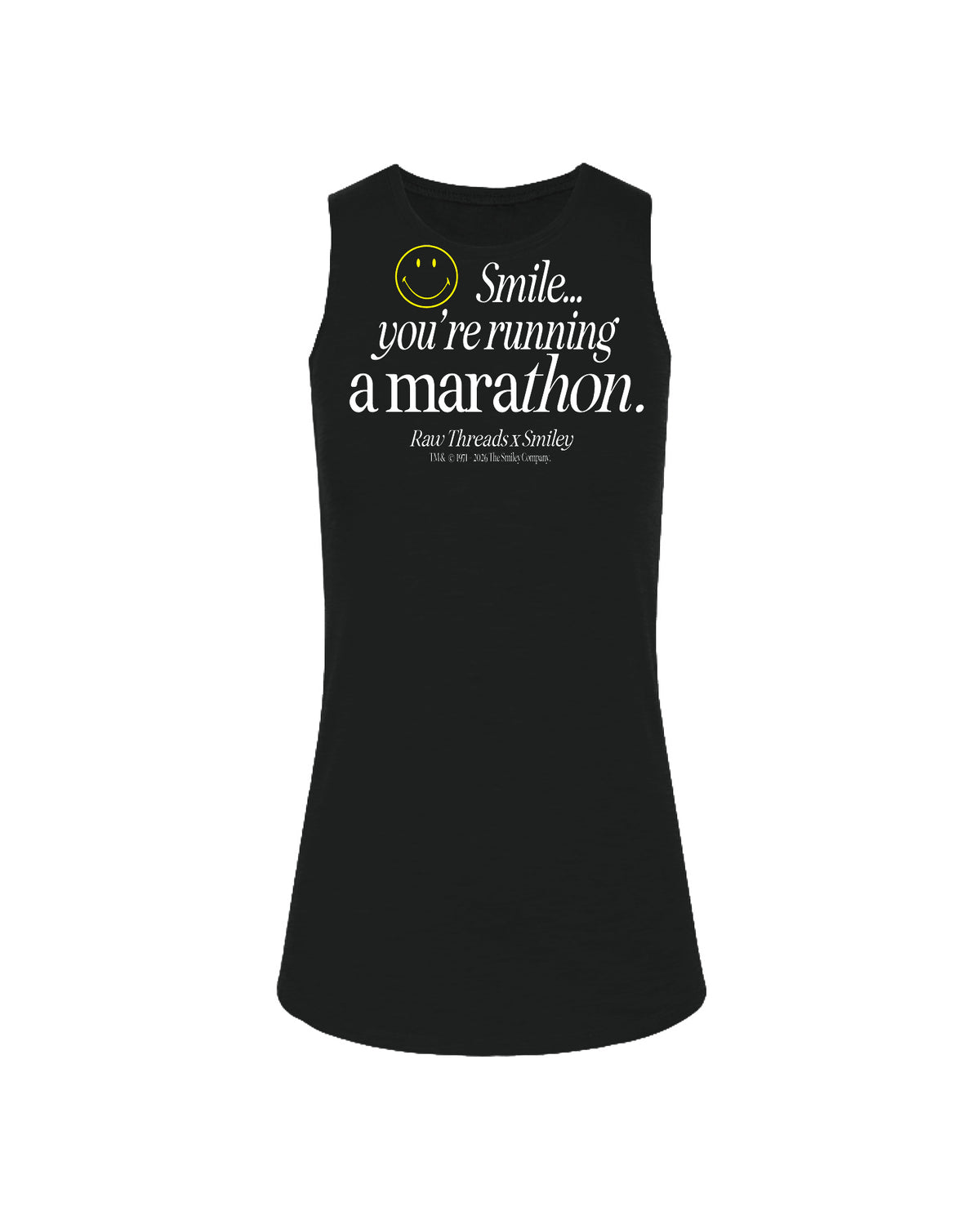 A women's running muscle tank in black with a white and yellow graphic on the front that reads 'Smile you're running a marathon.' Raw Threads x Smiley logos.