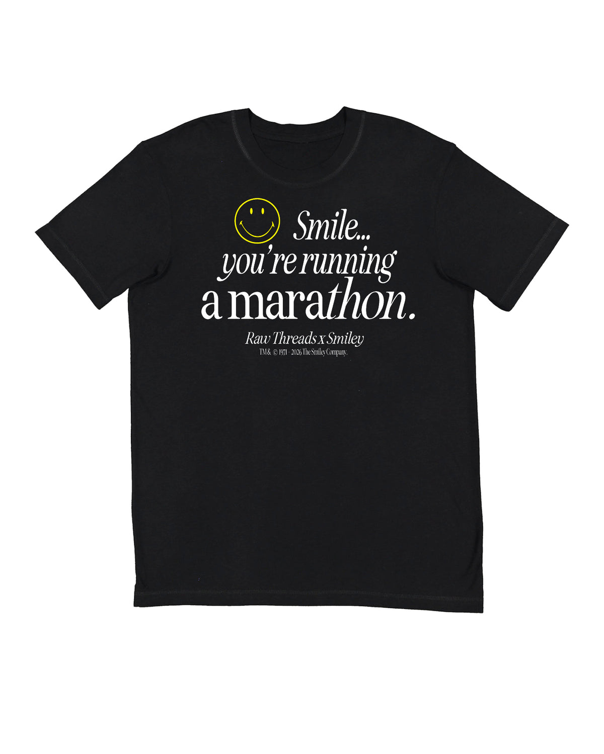 A gender-neutral running tee in crew neck style in black with a white and yellow graphic on the front that reads 'Smile you're running a marathon.' Raw Threads x Smiley logos.