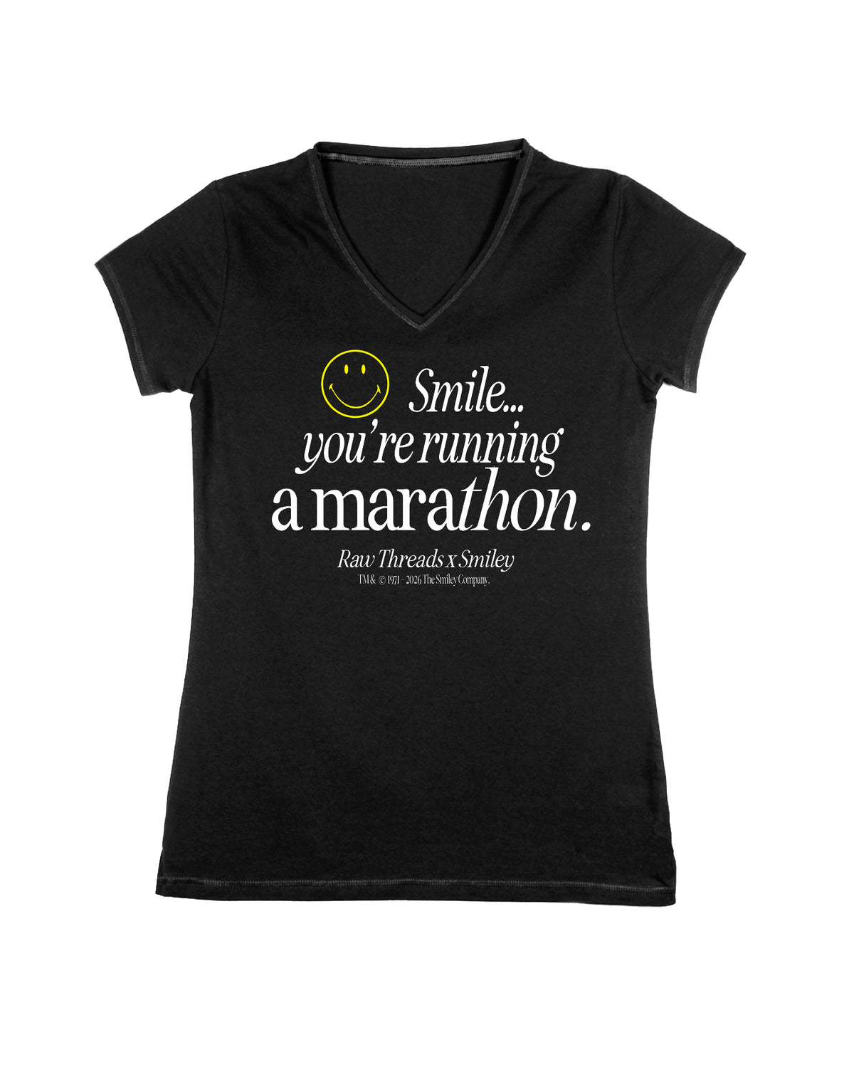 A women's running v-neck with capped sleeves in black with a white and yellow graphic on the front that reads 'Smile you're running a marathon.' Raw Threads x Smiley logos.