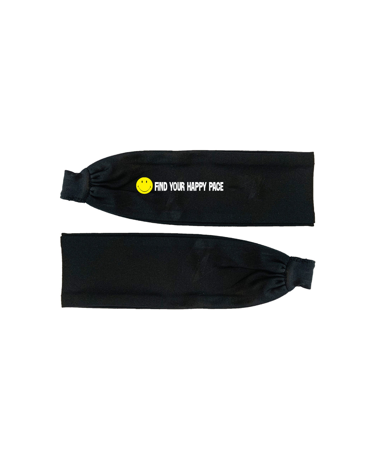 A black fitness headband featuring a yellow smiley face and the text 'FIND YOUR HAPPY FACE' in white. 