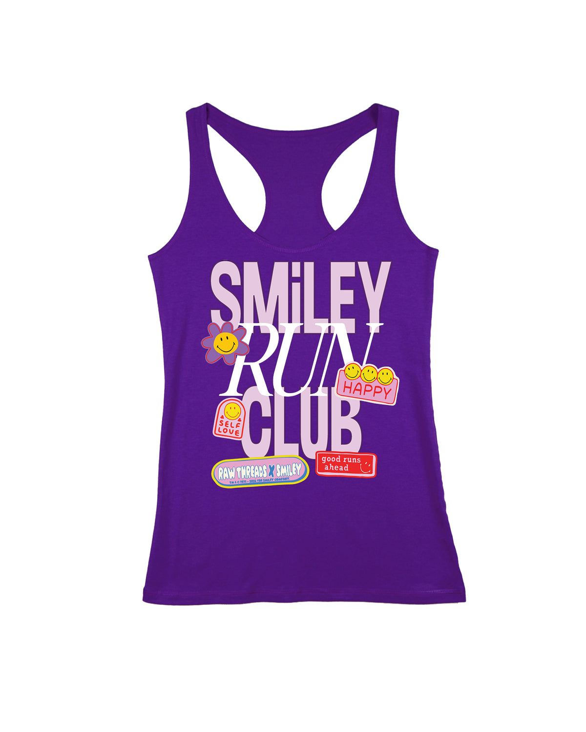 A deep purple women's racerback featuring a colorful graphic print on the front with the text 'SMILEY RUN CLUB' and various cartoon smiley face elements, featuring Raw Threads x Smiley logo. 
