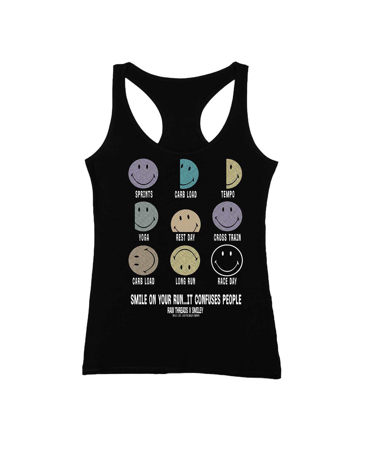 A black racerback tank featuring a graphic of nine smiley faces in various colors, each labeled with a training term like 'Sprints', 'Carb Load', 'Tempo', 'Yoga', 'Rest Day', 'Cross Train', 'Long Run', and 'Race Day'. Below the smileys, the text reads 'SMILE ON YOUR RUN…it confuses people. Raw Threads x Smiley.