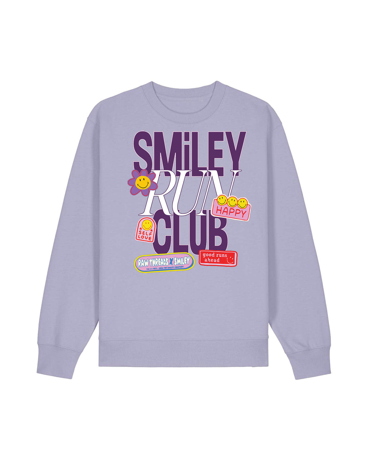 A light lavender gender-neutral crewneck sweatshirt featuring a colorful graphic print on the front with the text 'SMILEY RUN CLUB' and various cartoon smiley face elements, featuring Raw Threads x Smiley logo. 